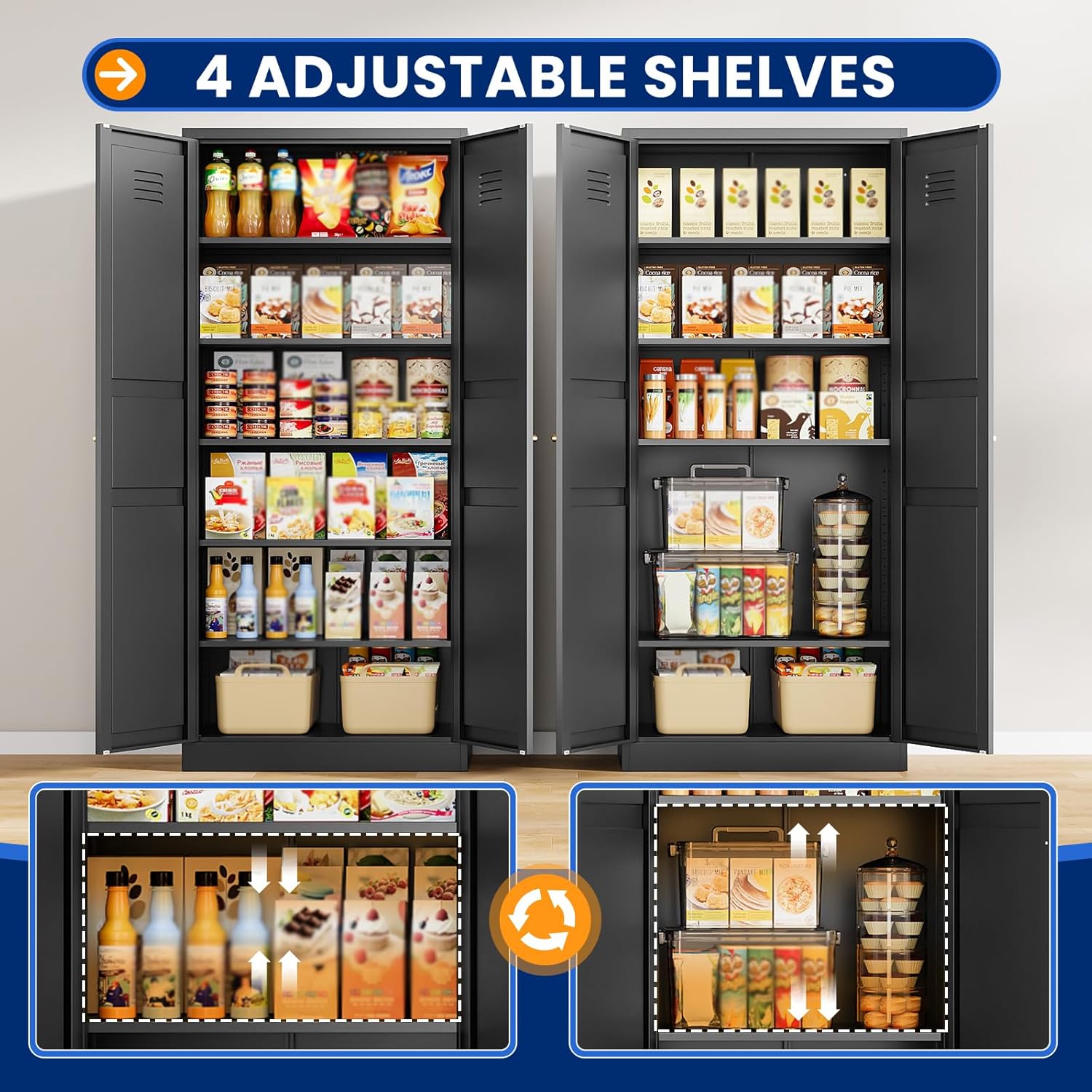 MIIIKO Metal Pantry Cabinet, Utility Storage Cabinets with 2 Doors and 5 Shelves, Freestanding Black Tall Cupboard for Garage, Shop, Laundry Room and Office, 71" H x 15.7" D x 31.5" W