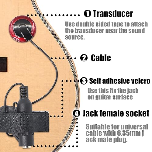 Miniatura 4 de YACSEJAO Micrófono de contacto, pastilla piezoeléctrica para guitarra, ukelele, violín, mandolina, banjo, kalimba, bajo y transductor eléctrico
