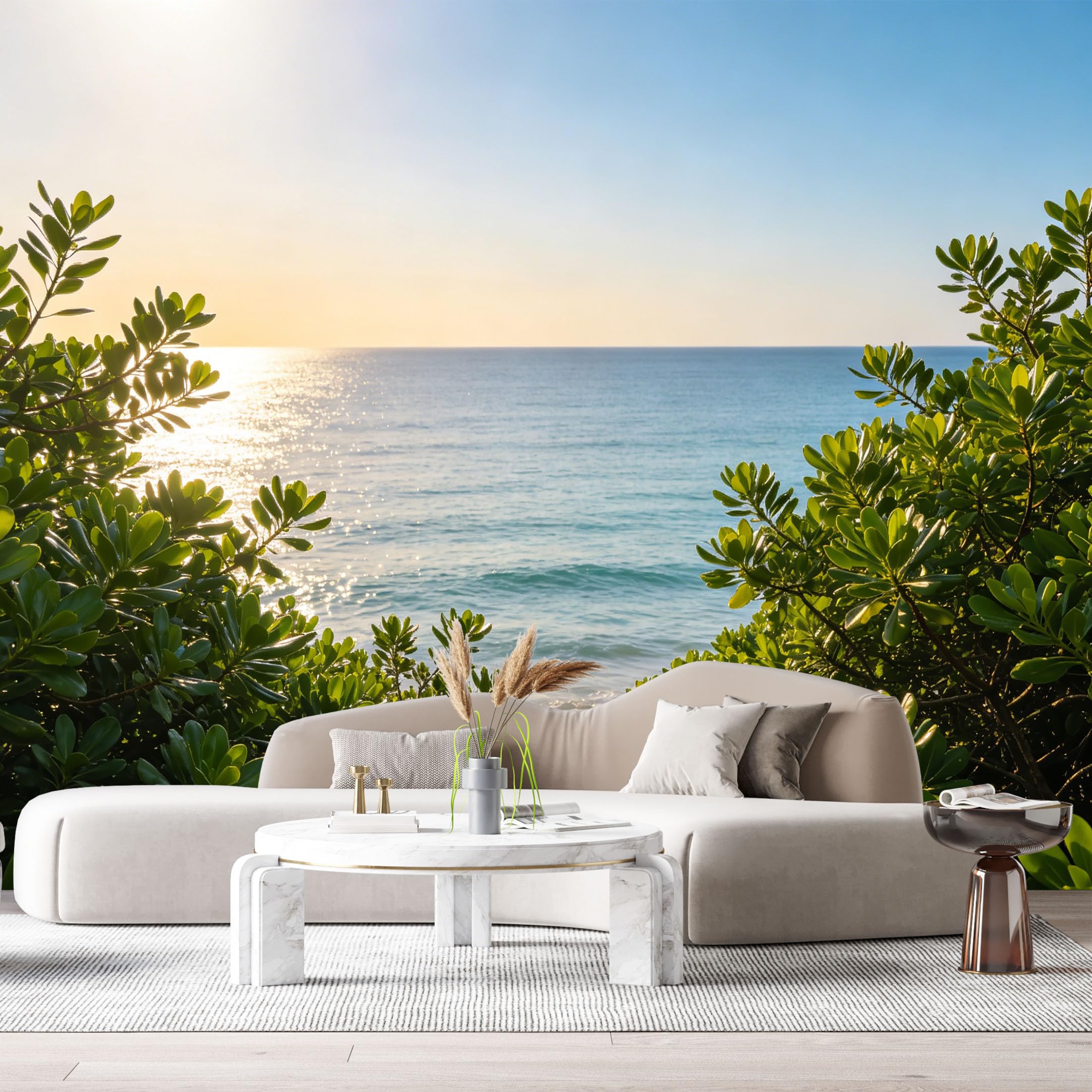 Custom Size Wall Murals Coastal Ocean Landscape Tropical Foliage Sunlight Sea View SelfAdhesive Wall Fabric Removable Large Wallpaper for Photo Living Room