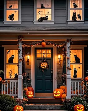 ALKB Halloween Window Clings Stickers - Halloween Window Decorations with Scary Spider Web Black Bat & Cat, Reuseable Double Sided Halloweens Static Clings for Home Decals (Black Cat)