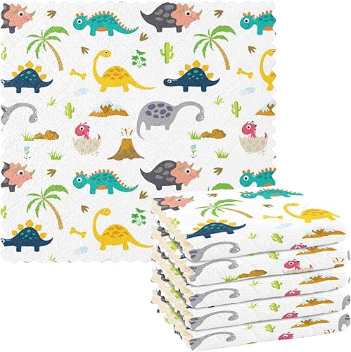 linqin Cute Dinosaur Set of 6 Fast Drying Kitchen Towels and Dishcloths Print Soft Flour Sack Kitchen Towels Reusable for Countertop Oven