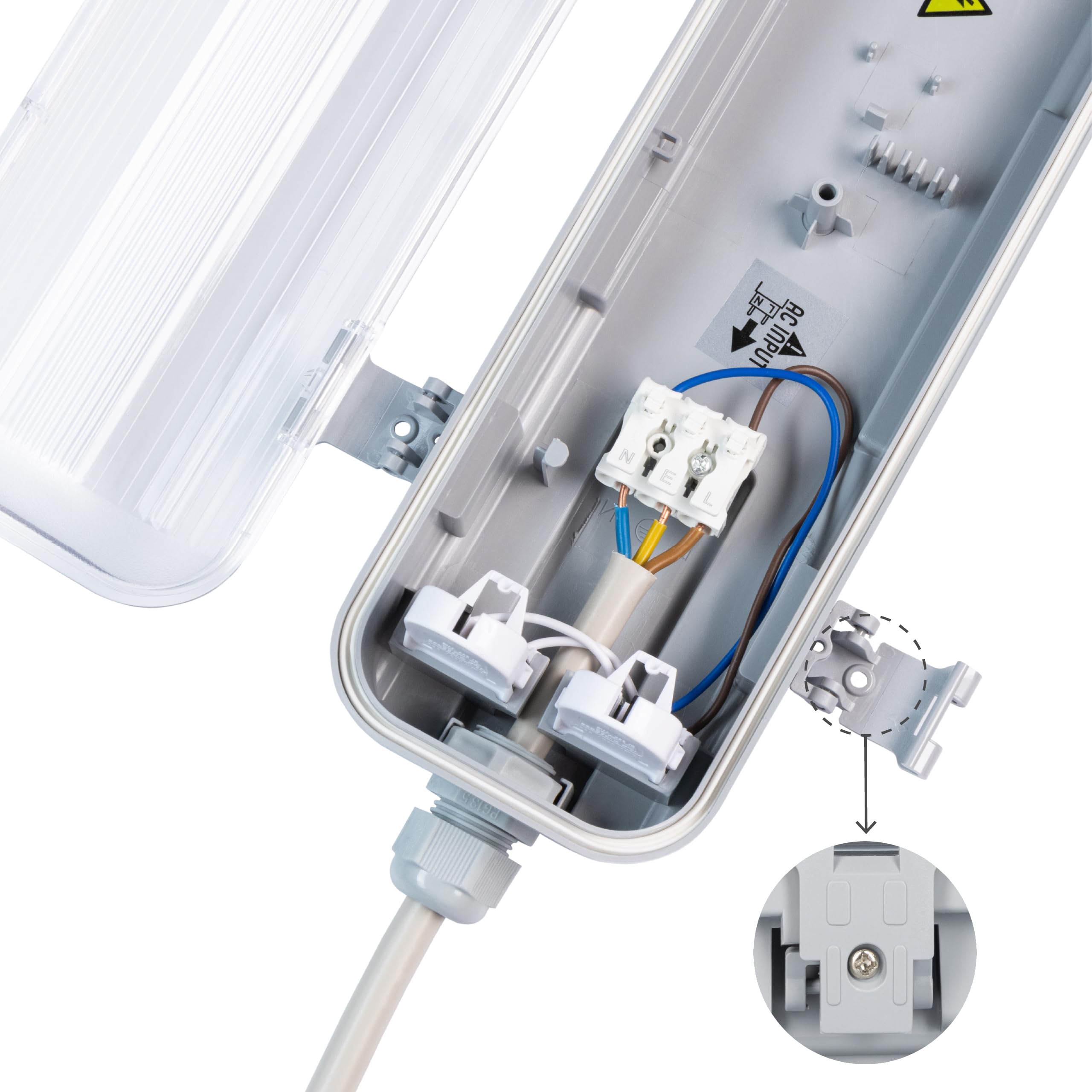 LED Feuchtraumleuchte 120cm IP65 mit 2x 18W Leuchtstoffröhre – neutralweiß 3.600 Lumen – Klappdeckel, Steckklemme, Kabeleinführung NYM-J 3x2,5mm² – 4er Sparset – Feuchtraumleuchte LED 120cm