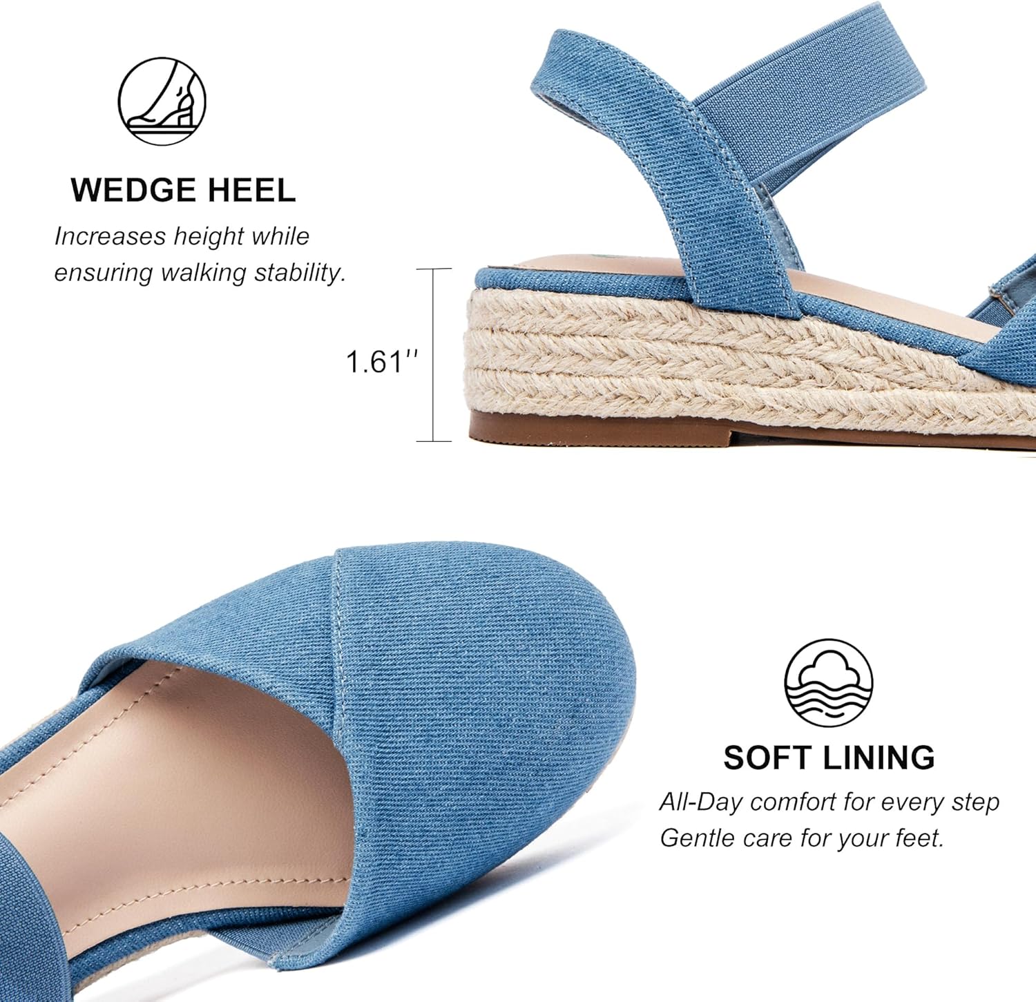 Ataiwee Women's Platform Wedge Heel Espadrille Sandals - Adjustable Elastic Ankle Strap, Slip-On lightweight Rubber Sole, Comfortable Insole, Close-Toe Casual Summer Sandals. - Image 4