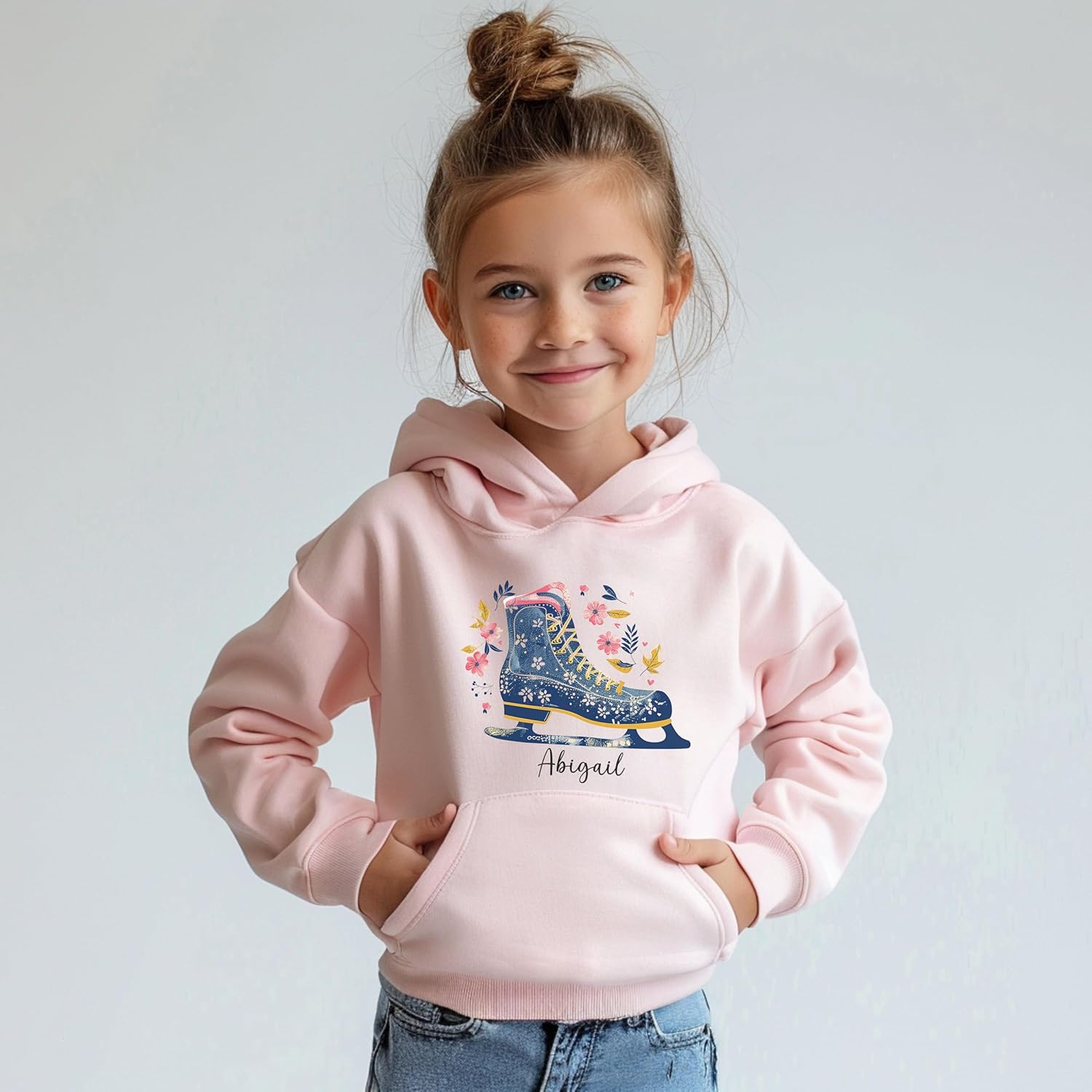 Personalized Ice Skating Hoodie for Girls, Custom Name Hooded Sweatshirt with Figure Skates and Flowers, Youth Ice Skater Gift, Figure Skating Shirt, Kids Winter Sports Apparel