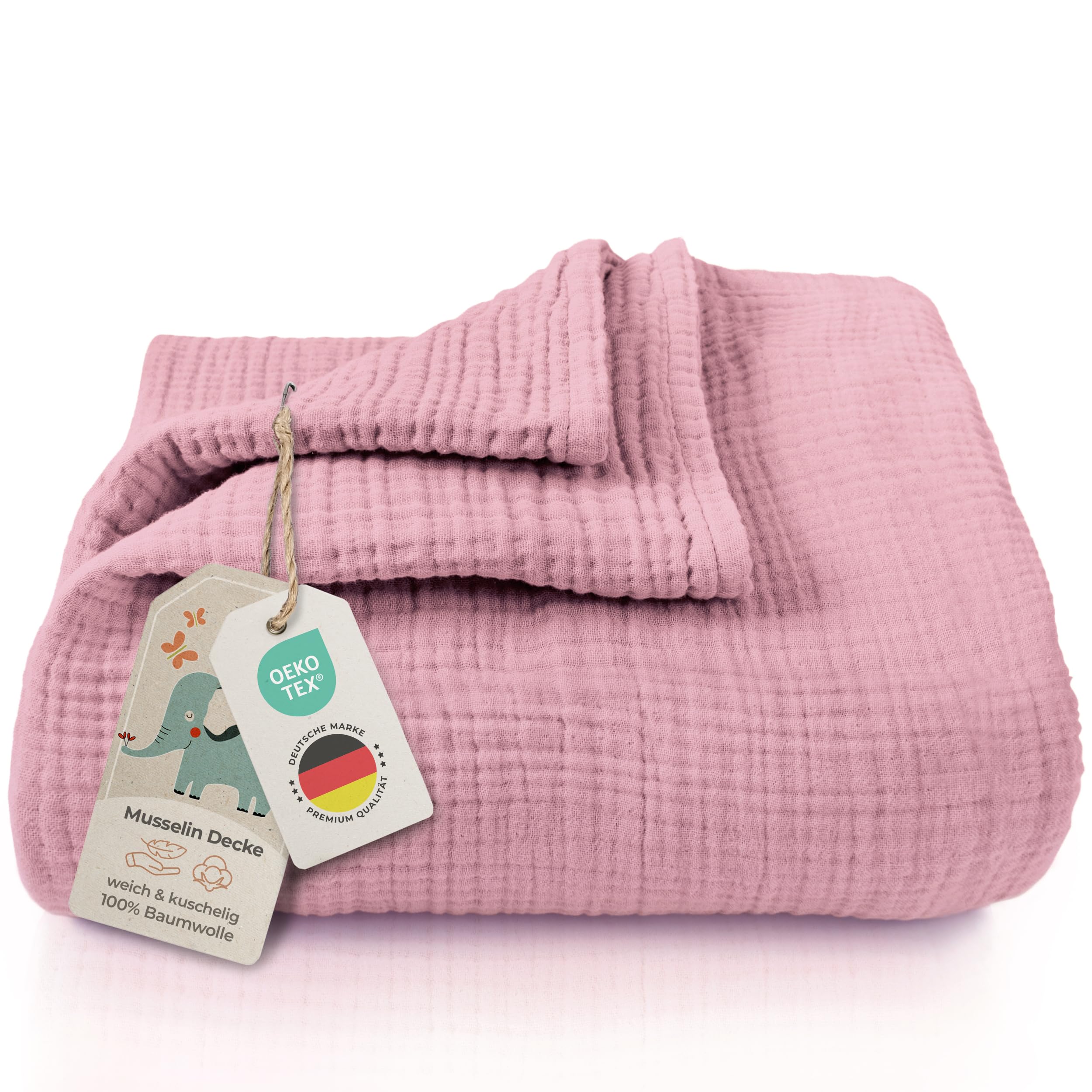 LAYNENBURG Premium Musselin Babydecke 120x120cm – 4 lagige Decke aus 100% Baumwolle - Oeko-TEX 100 - Kuscheldecke oder Schlafdecke, Pucktuch, Spucktuch für Baby, Neugeborene & Kinder (Altrosa)