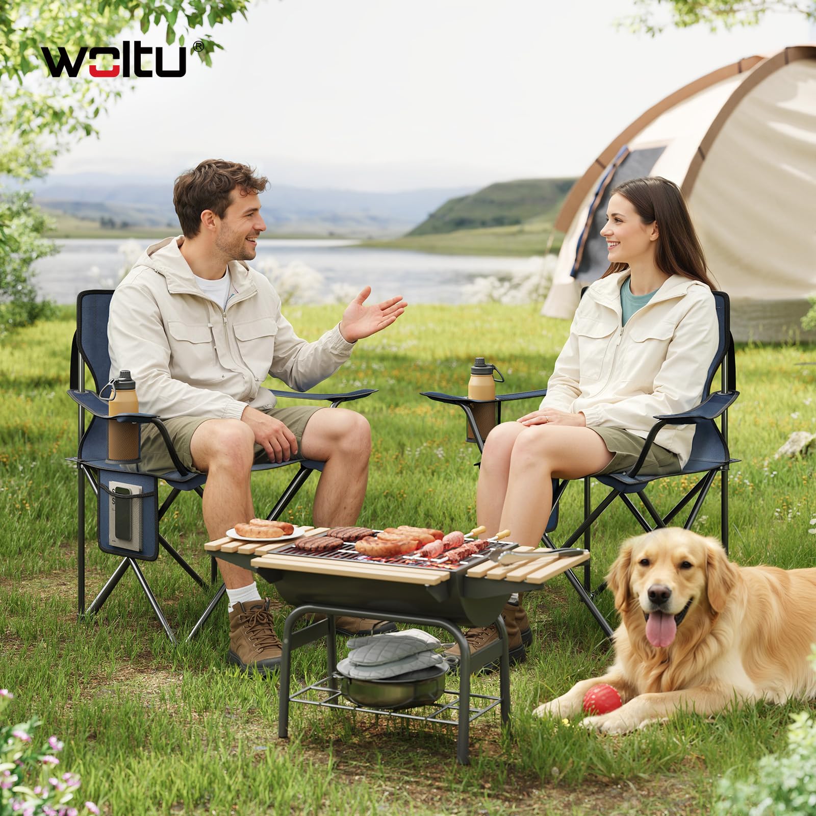 WOLTU Set di 2 Sedie da Campeggio, Sedie Pieghevoli con Borsa di Trasporto, Portabicchiere e Tasca Laterale, Portata 120 kg Ciascuna, per Pesca, Picnic e Spiaggia,Blu Scuro