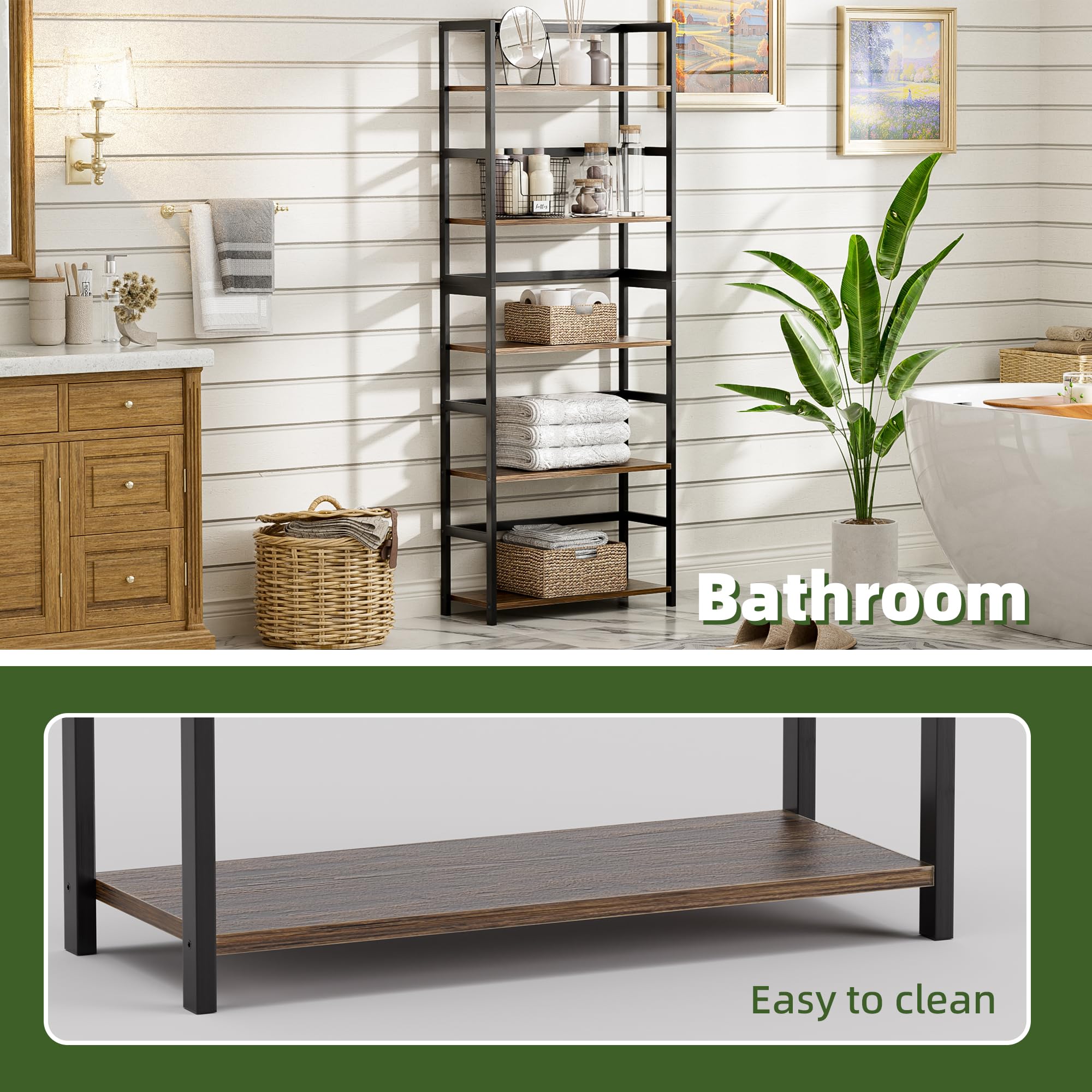 Estantería de madera de bambú de 5 niveles, estante alto de almacenamiento, estantería grande, organizador industrial moderno para el hogar, oficina, sala de estar, cocina, dormitorio (marrón 7