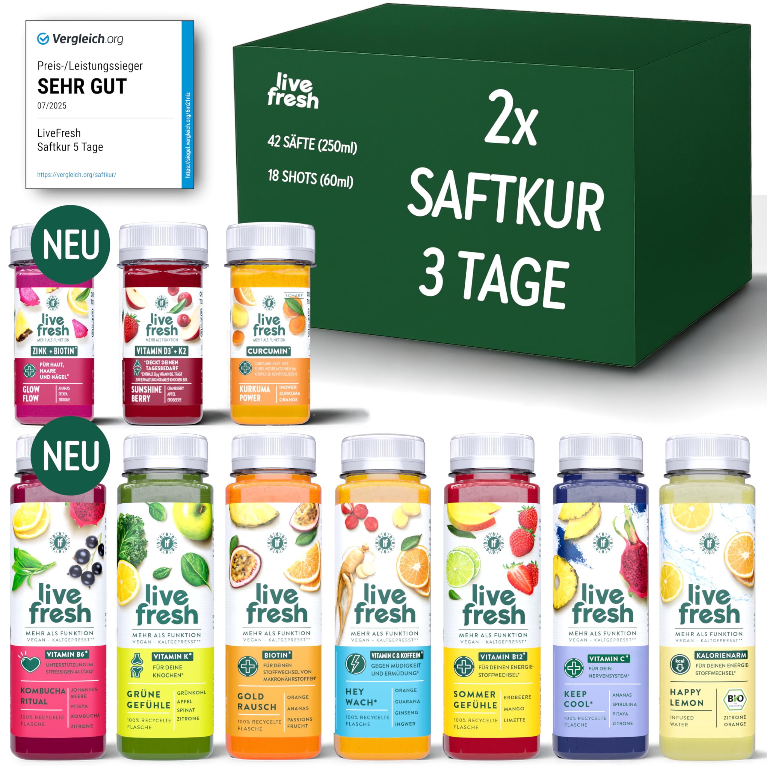 LiveFresh 2x Saftkur 3 Tage – 42 Säfte (250ml) & 18 Shots (60ml) kaltgepresst¹ – 743 Kalorien pro Tag