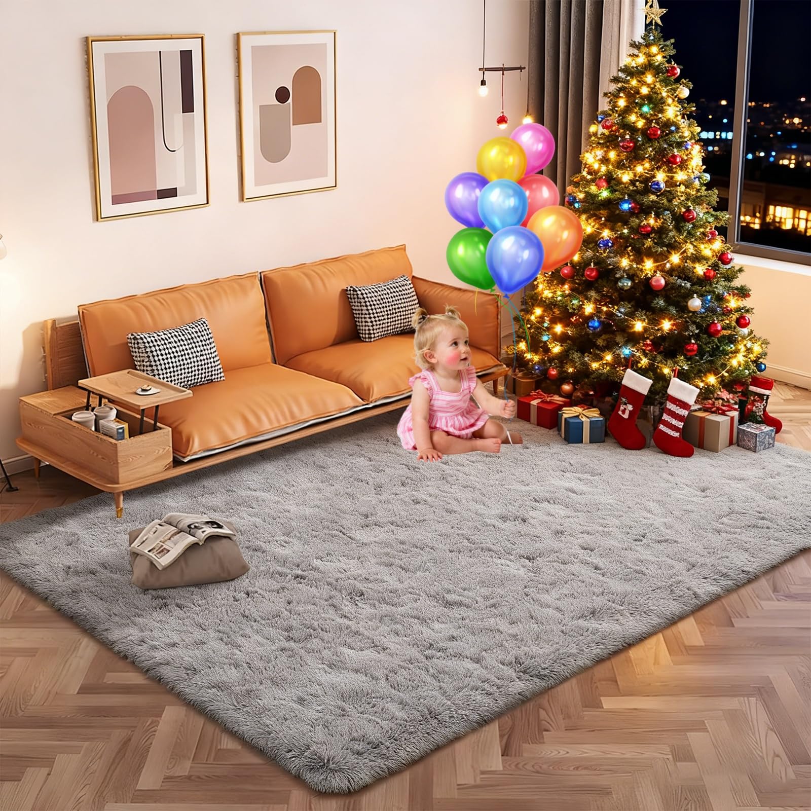 Tapis moelleux salon gris 95x150 idéal pour chambre cocooning