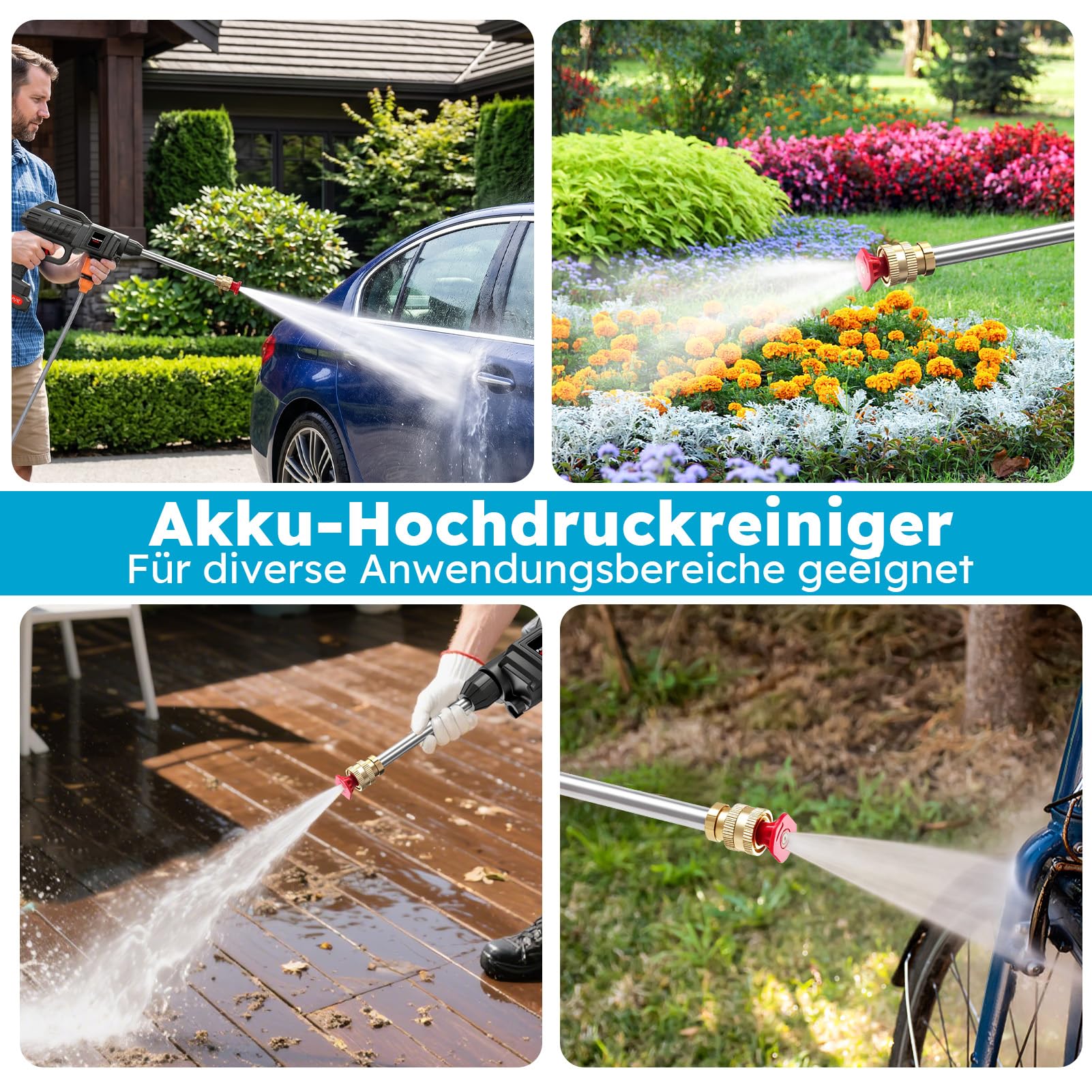 Akku Hochdruckreiniger 21V, Tragbarer Hochdruckreiniger 60 Bar, Kabelloser Mobiler Hochdruckreiniger mit 2 Akkus, Multifunktionsdüse, 5m Schlauch, Auto Garten Terrassen Reinigung (Eimer)