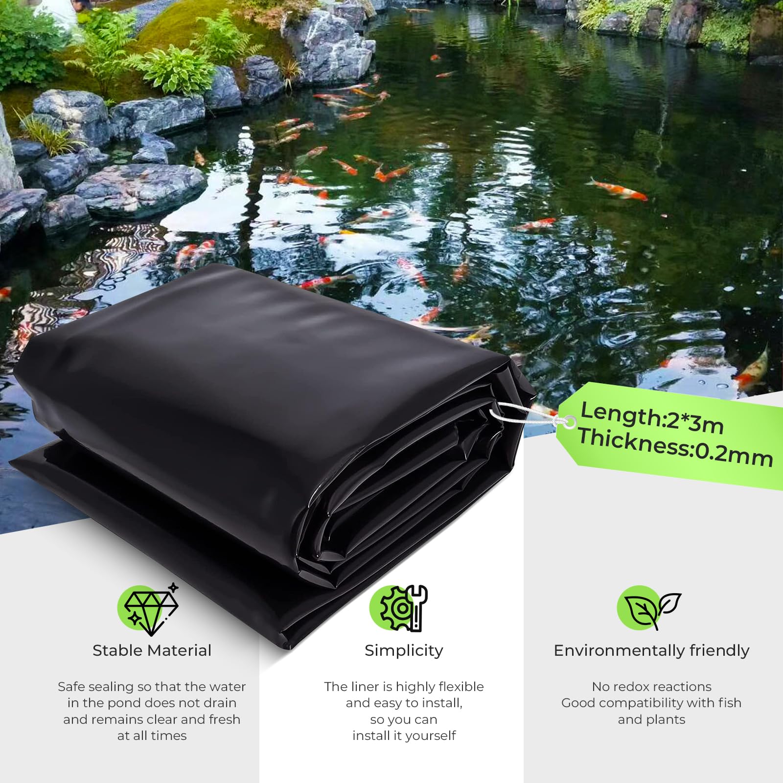 2x3m Telo Laghetto, 0.2mm Spessore Telo per Laghetto da Giardino, Fodera Laghetto per Fontana da Giardino Esterno, Cascata, Laghetto per Tartarughe
