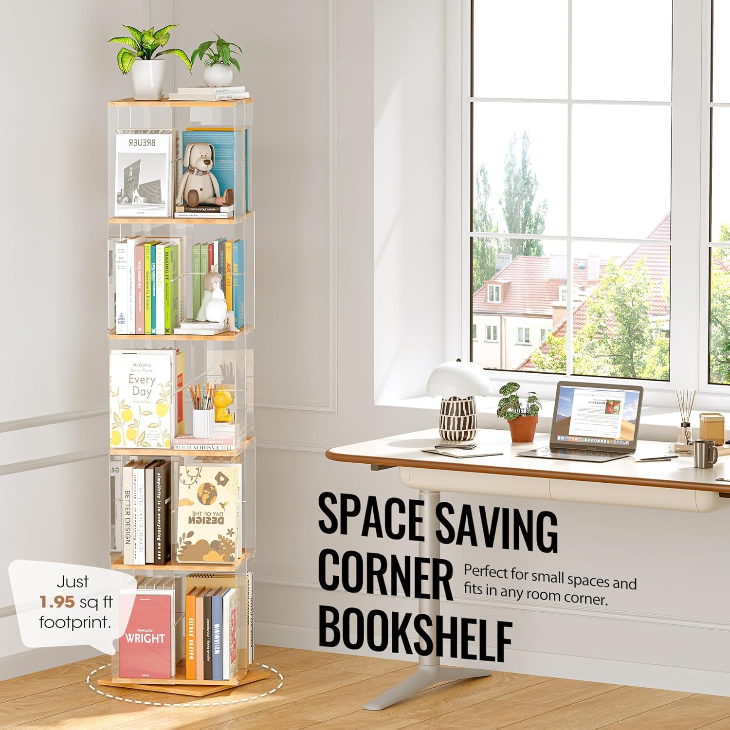 5-Tier Rotating Bookshelf, 360° Spinning Book Shelf Tower with Solid Wood & Clear Acrylic, Square Revolving Bookcase for Kids Room, Living Room, Bedroom and Office