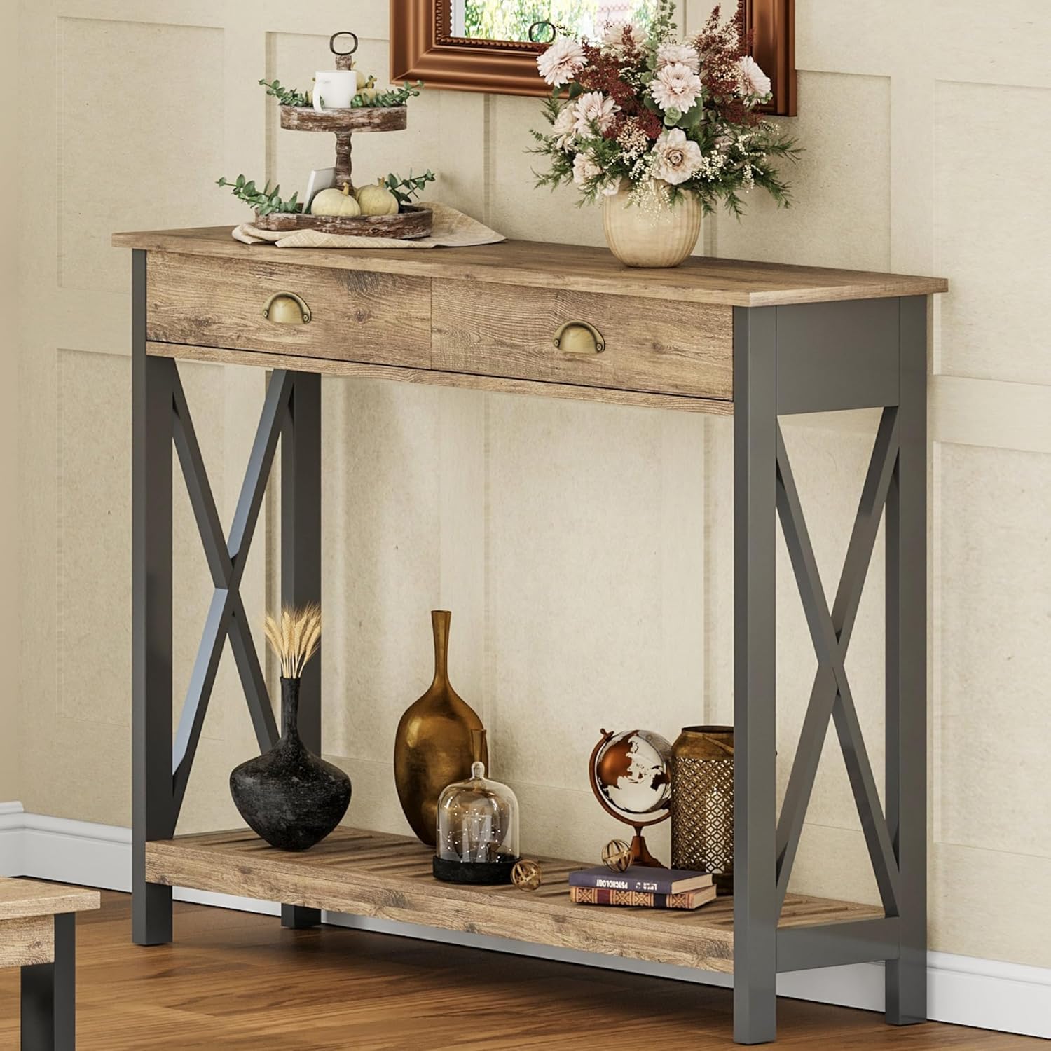 ChooChoo 47" Farmhouse Console Table with Drawer for Entryway, Narrow Long Entry Table with Shelf for Living Room, Rustic Vintage Hallway Sofa Table with Stable X Supports, Rustic Oak & Black