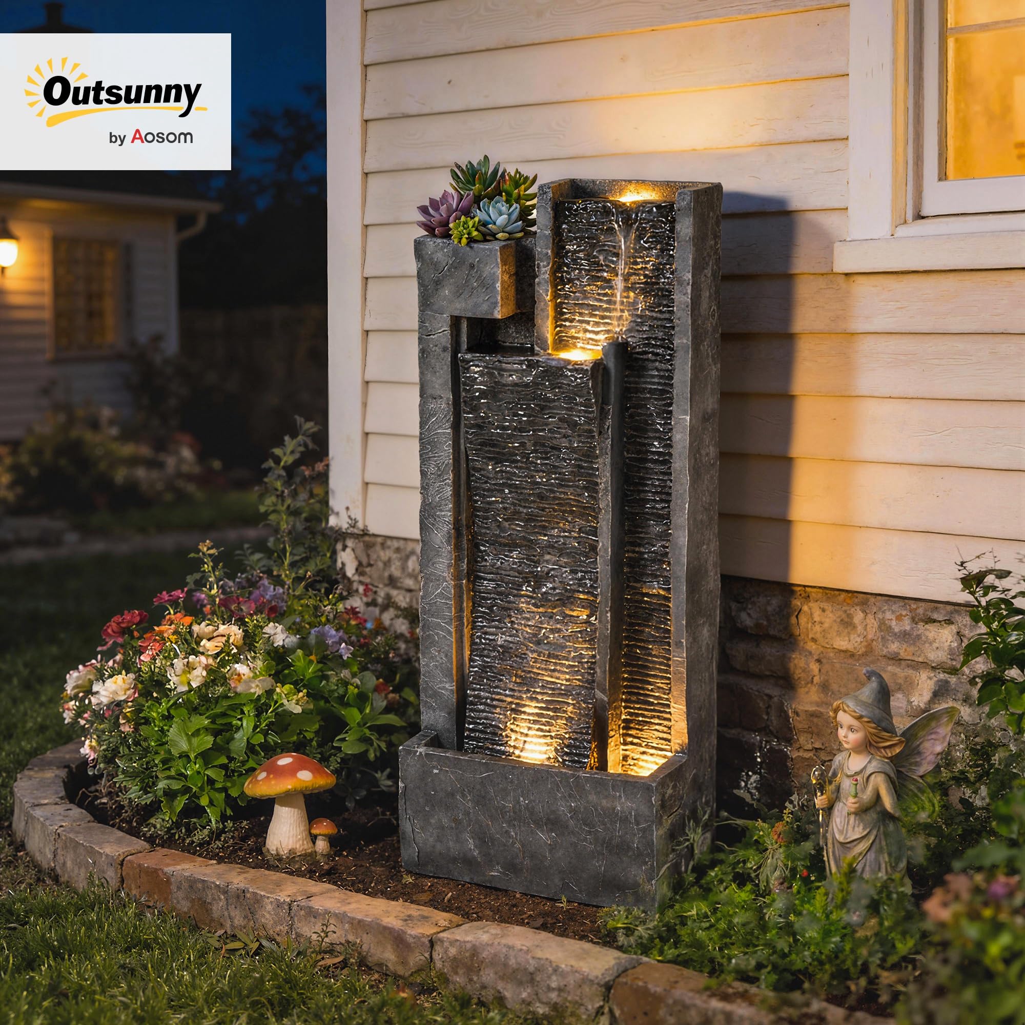 Outsunny Fontaine de Jardin extérieure Cascade 3 Niveaux - Fontaine Eau avec jardinière et Mur d'eau Moderne - 101 cm Grande décoration terrasse Zen Lumineuse 24 LED Gris