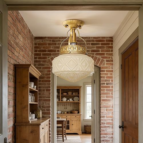 Miniatura 5 de Lámpara de techo semiempotrada dorada, lámpara de latón, luces de techo de vidrio amarillo leche vintage, lámparas de pasillo, lámpara de mediados