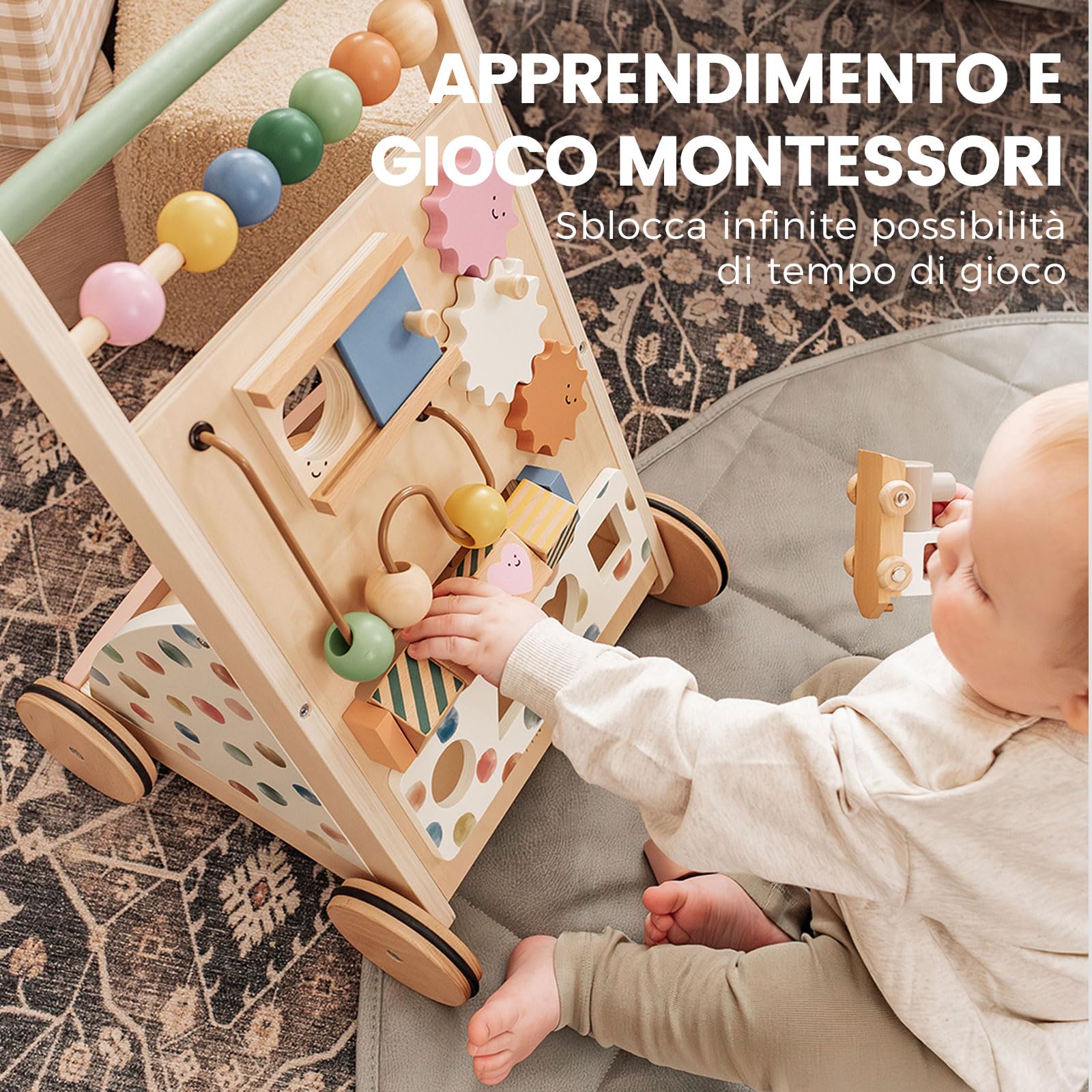 Tiny Land girello in legno, Set Baby Walker, ausilio per imparare a camminare con velocità regolabile per bambini e bambine, ausilio per camminare e centro attività per bambini