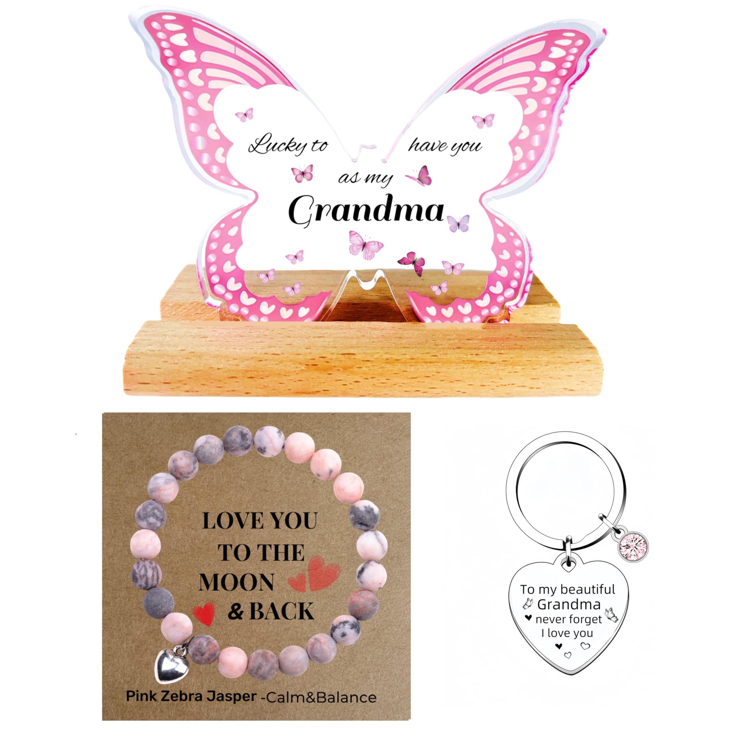 Heartfelt Grandma Gifts Set Christmas- Grandma Birthday Gifts, Mothers Day Gifts, Acrylic Butterfly Display and Pink Zebra Jasper Pink
