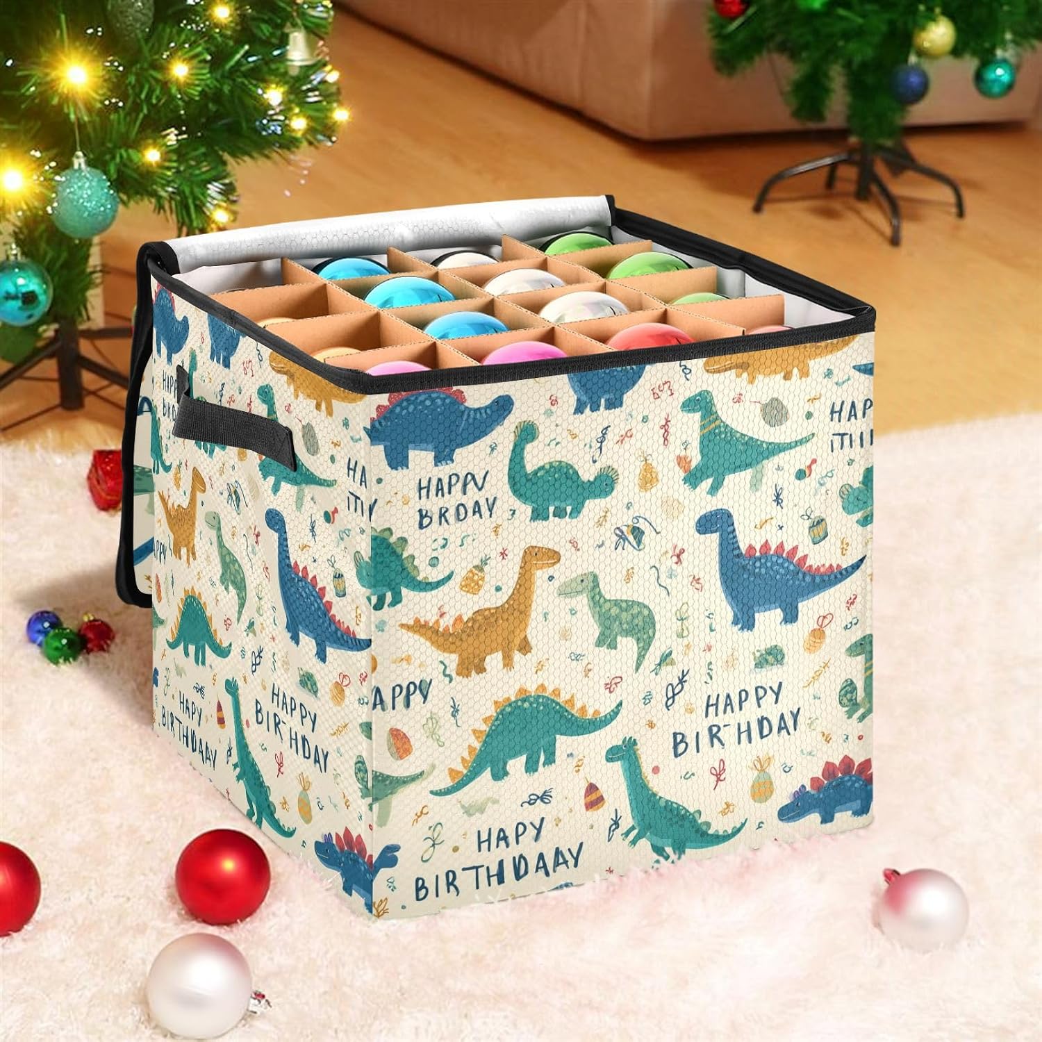 Dinosaur and Gifts Decor Christmas Ornament Storage,Stores up to 64 Holiday Ornament,Adjustable Dividers,Zippered Top,Two Handles Attractive Storage Box Keeps Decorations Clean