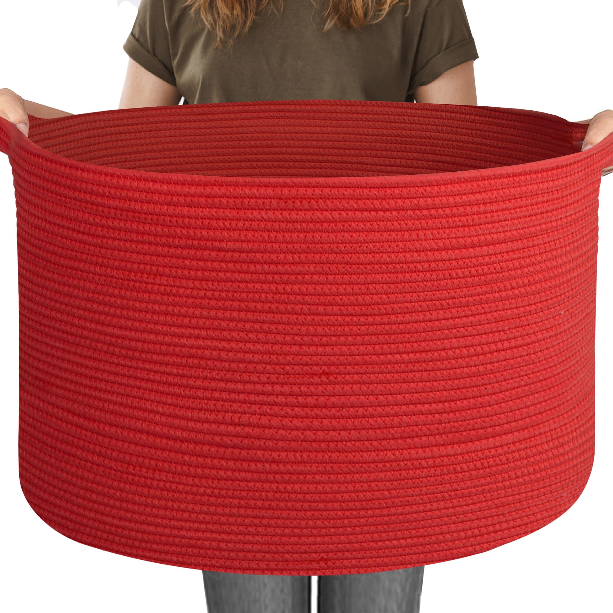 MEGASKET 115L Extra Large Red Basket for Organizing, 23.6"x15.7" Jumbo Woven Cotton Rope Bins for Blankets, Baby Nursery Laundry Basket, Kids Dog Toy Storage Box, Huge Red Living Room Decor Organizer