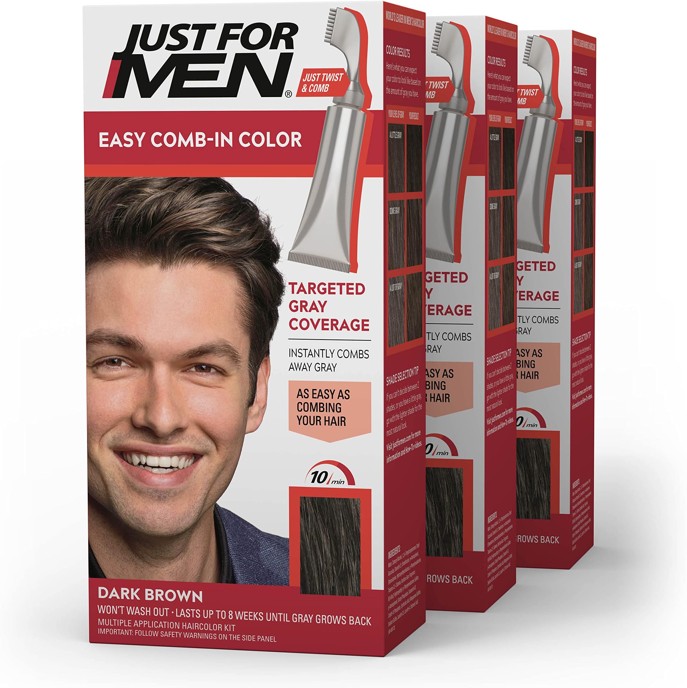 Just For Men イージーコームインカラーメンズヘアダイ、コームアプリケーターで簡単ミックス塗布-ダークブラウン、A-45、3個パック