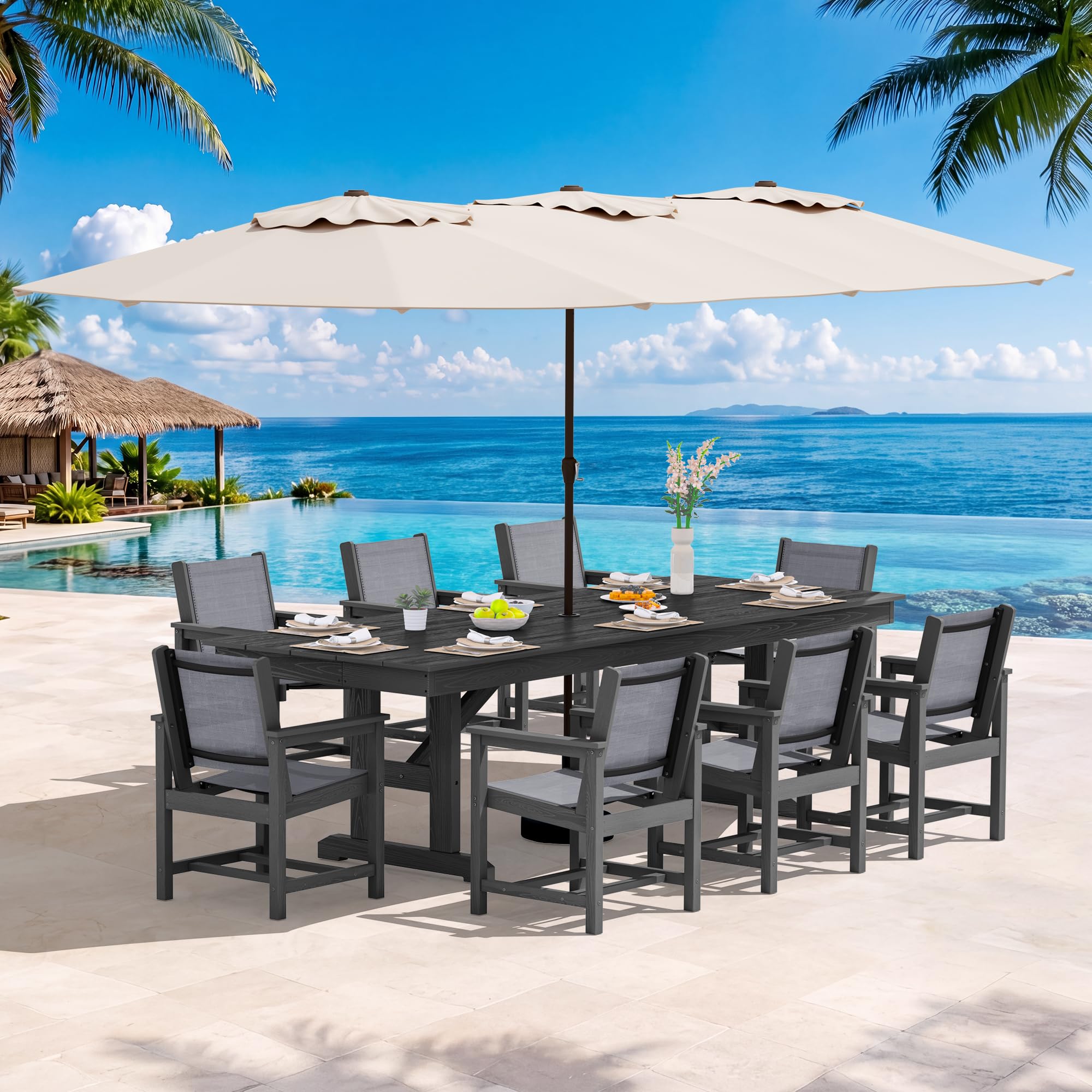 SERWALL 10 Piece 84" HDPE Outdoor Textilene Dining Set with Umbrella,Black