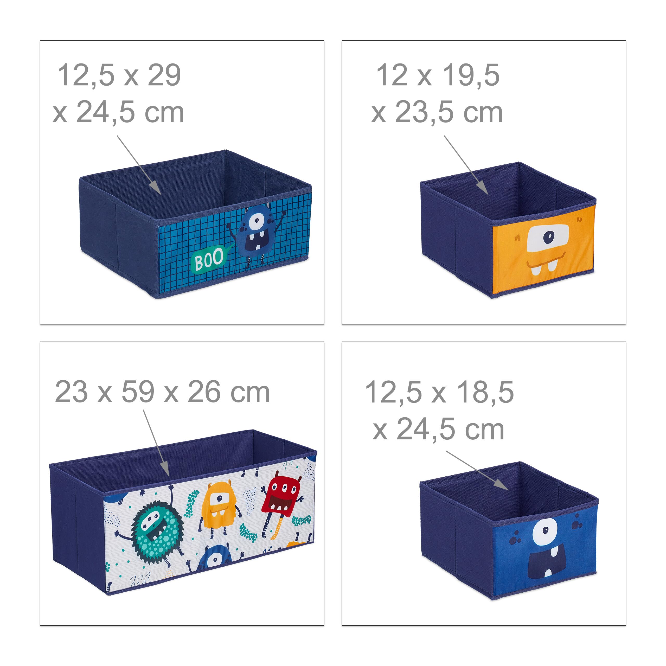 Relaxdays Estantería Infantil, 6 Cajas Tela, Monstruos, Librería Niños, Ruedas, 66x63,5x30cm, Caja Juguetes, Multicolor
