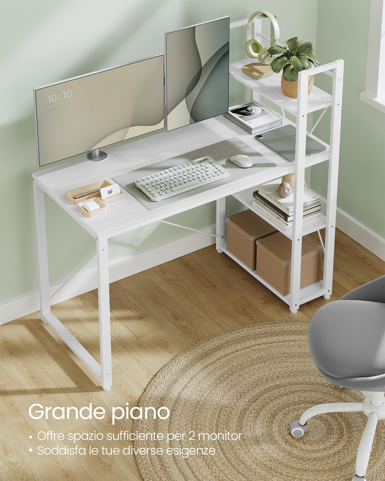 VASAGLE Scrivania con ripiani reversibili a sinistra o a destra, lunghezza 120 cm, tavolo da computer, per ufficio a casa, montaggio semplice, bianco acero LWD048W44
