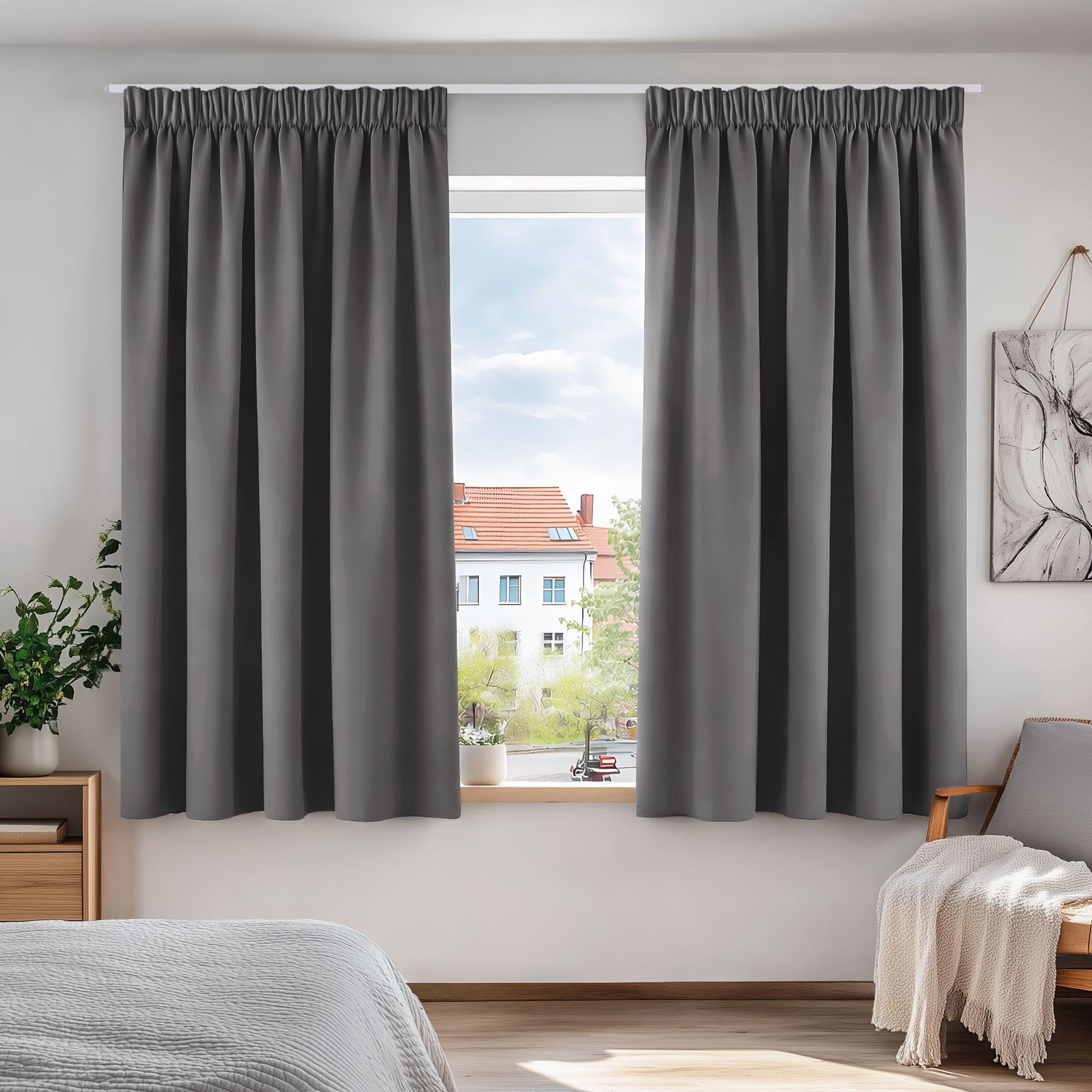 Deconovo Tende Oscuranti per Interni con Fettuccia, Termiche Isolanti – 3 Modi di Montaggio, per Camera da Letto e Soggiorno, 2 Pannelli 140x137 cm, Grigio Chiaro, Certificato OEKO-TEX