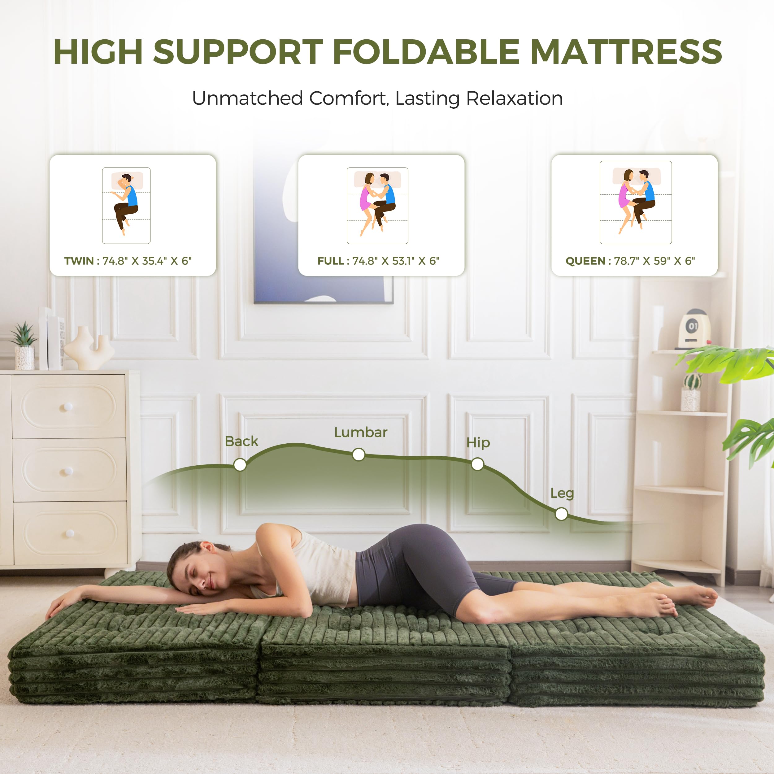 MAXYOYO Klappmatratze Doppelbett, 15cm Gepolsterte Faltbare Matratze mit Hochwertigem Kunstfell, 3-Teilige Gästematratze für Gästebett, Bodenmatratze Klappbar für Wohnzimmer