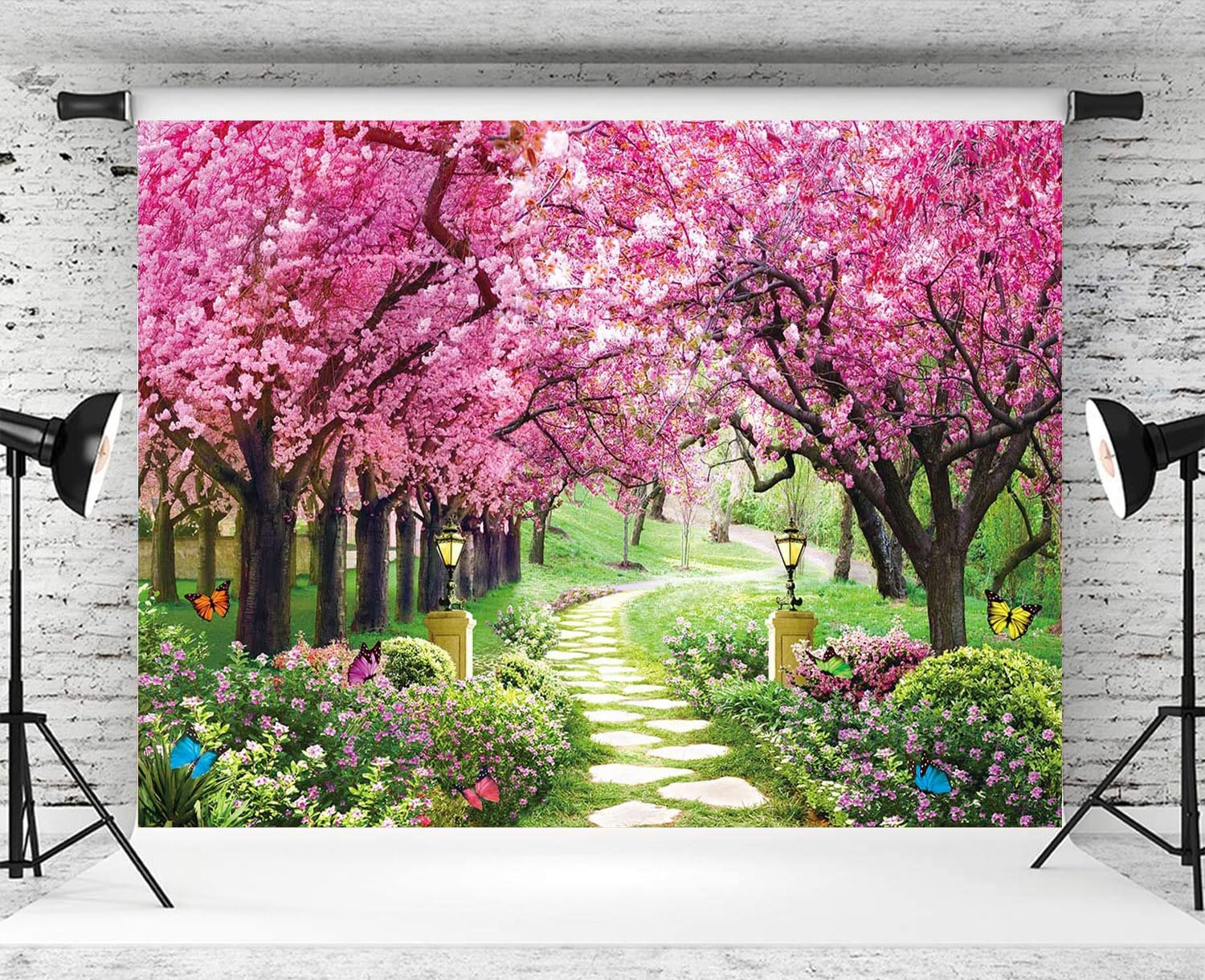 Spring Garden Backdrop 7x5FT Spring Flowers Tree Path Photography Background Floral Natural Landscape Birthday Party Party Decoration Banner Supplies