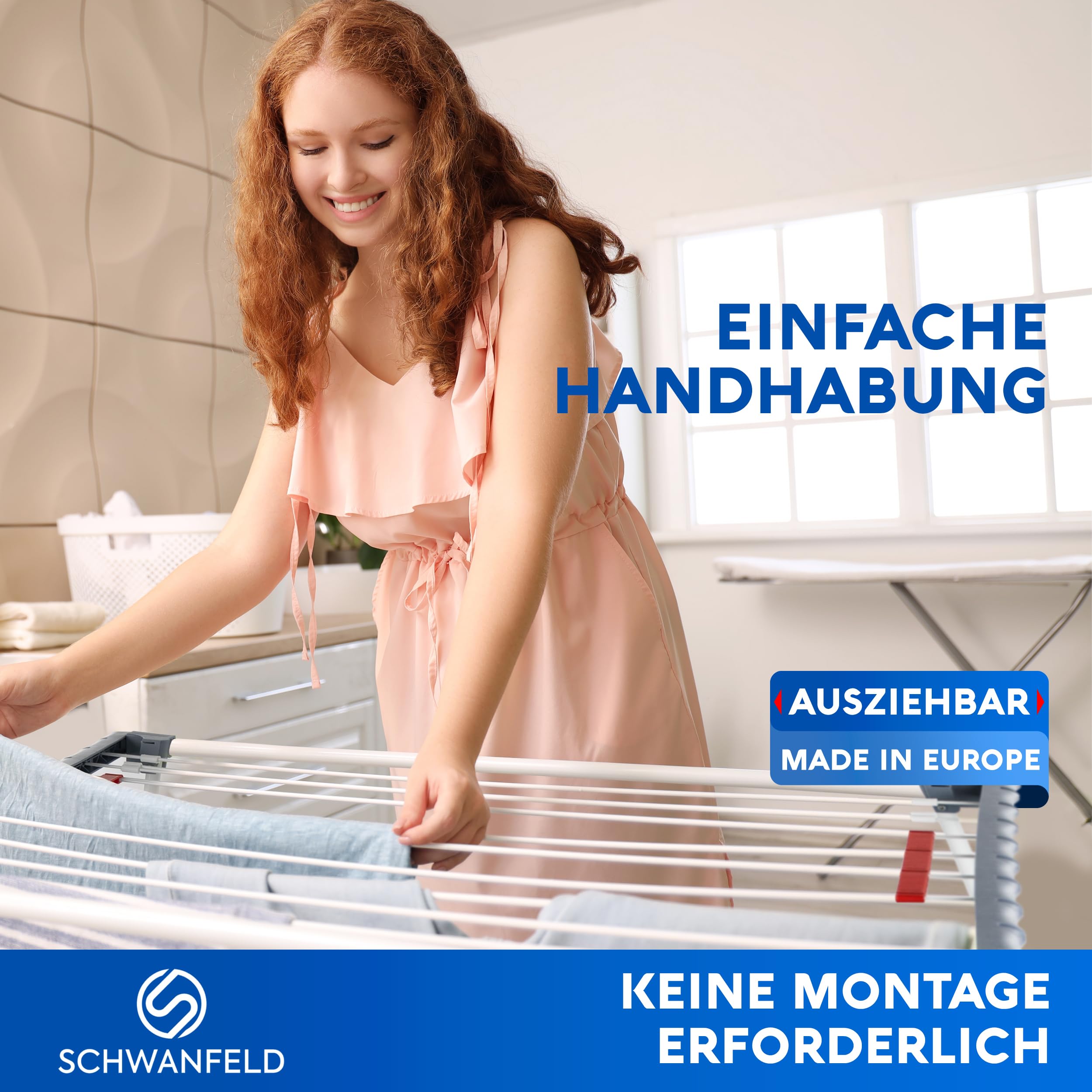 SCHWANFELD® Wäscheständer ausziehbar [20M TROCKENLÄNGE] - wäscheständer hoch - Premium Wäschetrockner Ständer - Faltbarer Wäsche Ständer XXL - ausziehbarer wäscheständer - Standtrockner rutschfest