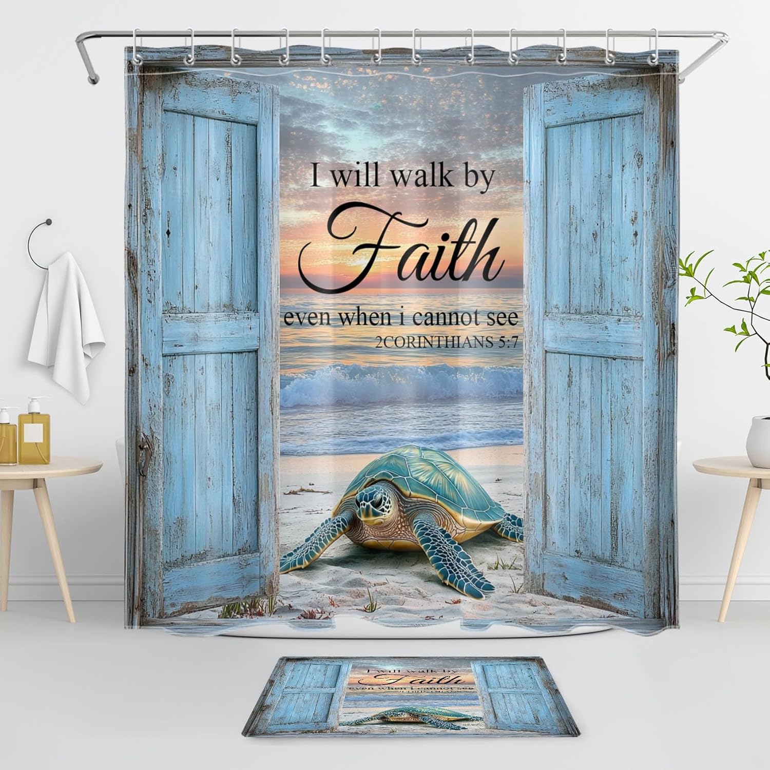 HVEST Beach Coastal Shower Curtain Set Blue Ocean Sea Turtle and Christian Bible Verse Bathroom Sets with Shower Curtain and Rugs Farmhouse Barn Door Bathroom Decor, 72Lx72W Inches