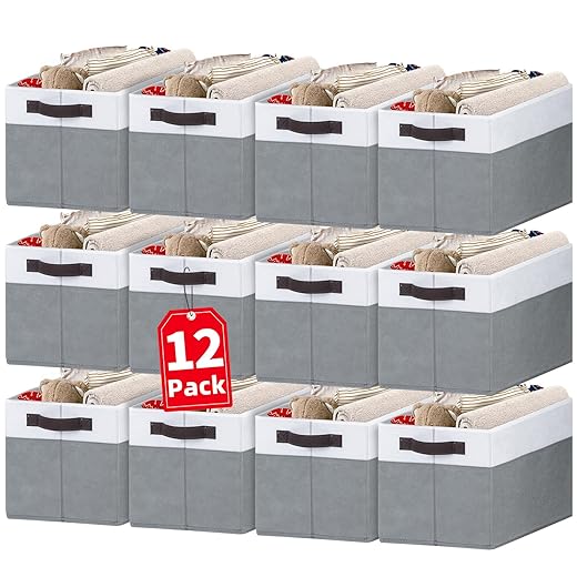 Criusia Pacote com 12 cestas de armazenamento grandes para prateleiras | Organizadores de armário de tecido e caixas de armazenamento com alças para organização doméstica | Cesta decorativa dobrável