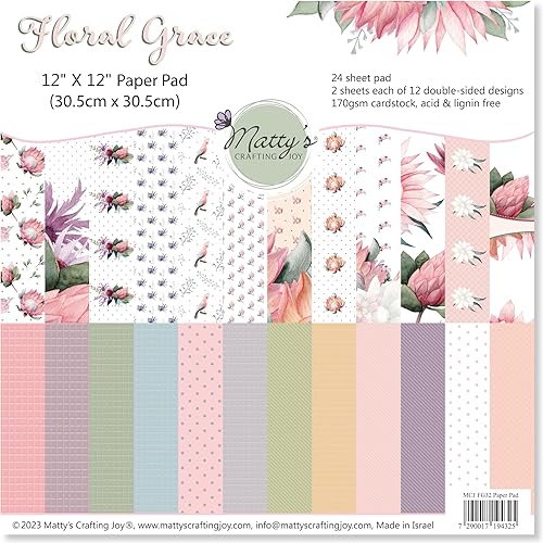 Matty's Crafting Joy Floral Grace - Bloc de papel de cartulina de doble cara de 12 x 12 pulgadas, diseño floral, paquete de 24 papeles estampados