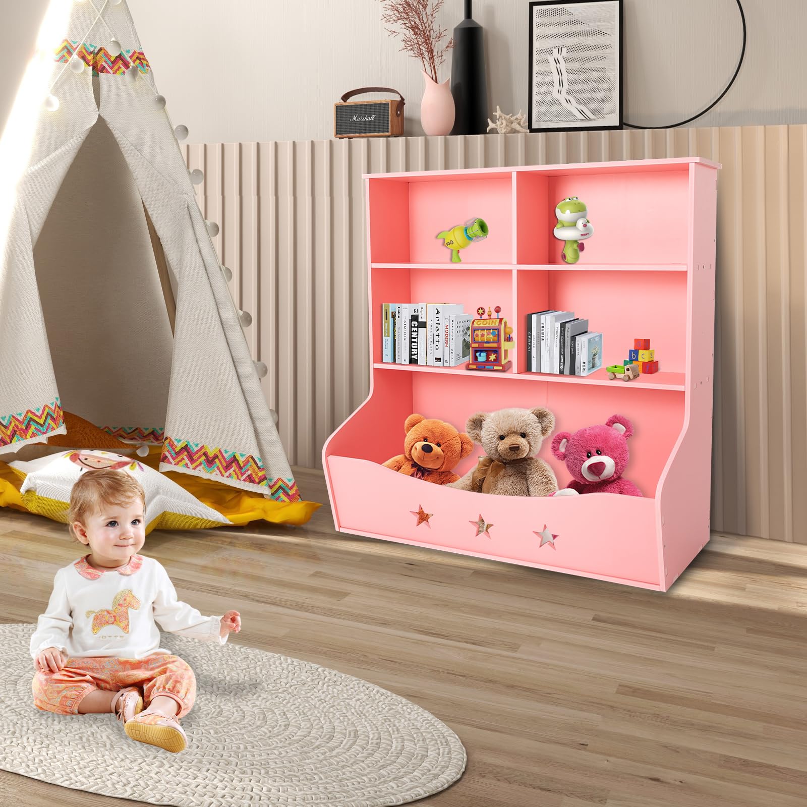 3 półki, regał na książki dla dzieci, 79 x 36,5 x 82,5 cm, regał dziecięcy z płyty PCW, regał na zabawki z 5 pudełkami, do pokoju dziecięcego, regał na książki, pluszaki, samochody zabawkowe i