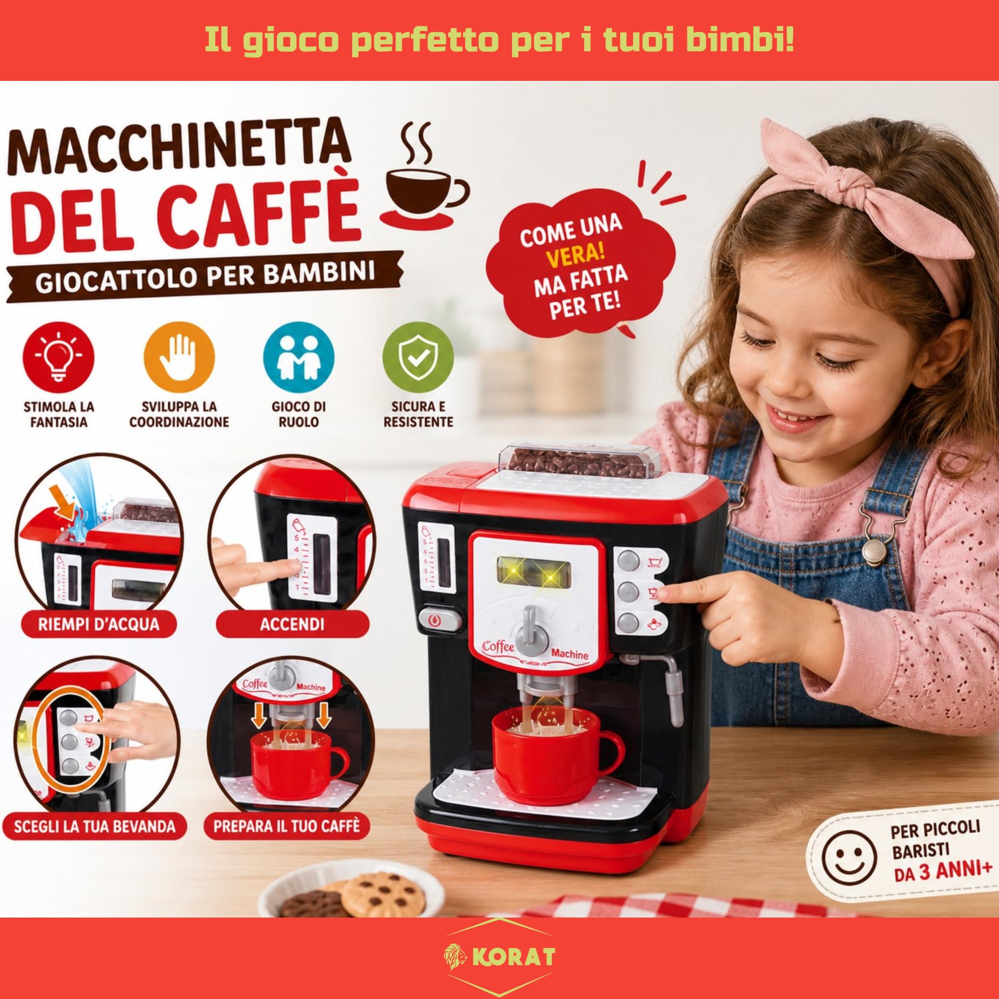 KORAT Macchina Caffè Giocattolo Bambini con Luci e Suoni, Effetto Vapore, Pulsanti Interattivi, Gioco Educativo di Ruolo in Plastica Sicura e Resistente, Dimensioni 19x11x24 cm 3+ Anni