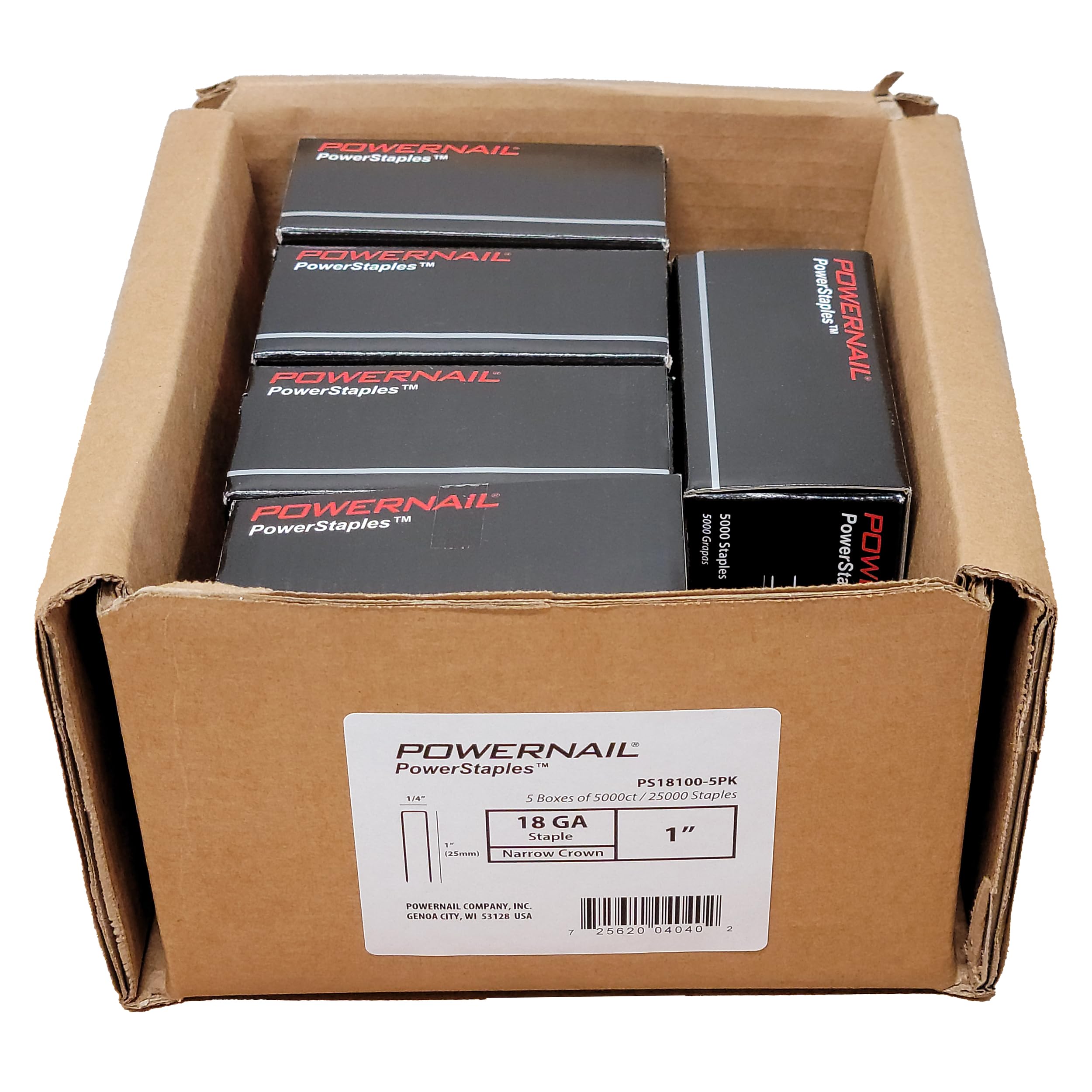 Powernail PS18100 - Grapas de corona estrecha de calibre 18 de 1/4 de pulgada de longitud de punta de cincel (5 cajas de 5000 ct, 25000 grapas)