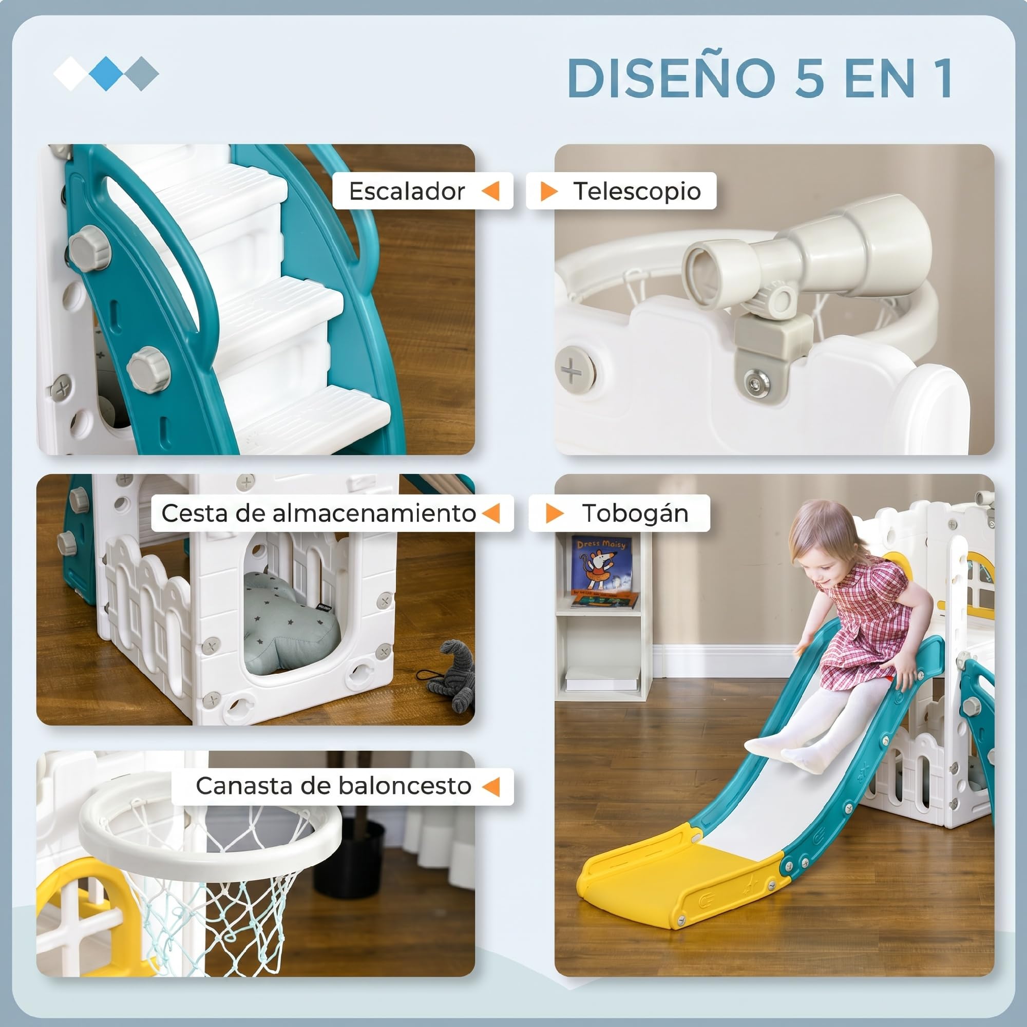 AIYAPLAY Tobogán Infantil 5 en 1, Tobogán para Niños de 1-3 Años con Aro de Baloncesto, Telescopio, Escalador y Cesta Inferior, para Interior y Exterior, Amarillo y Verde