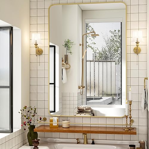 Vista 28 de Espejo de baño dorado de 30 x 22 pulgadas para pared, marco de aleación de aluminio, espejo rectangular montado en la pared para decoración