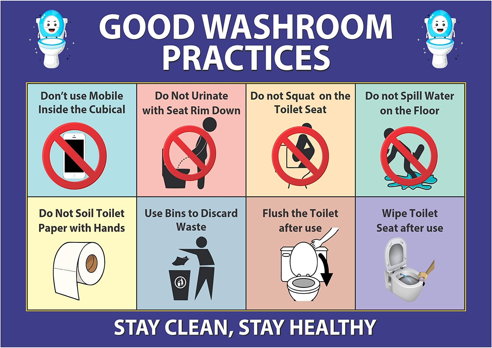 Anne Print Solutions® Good Washroom Practices Toilet Stickers Size 12 X 9 Inch* Self Adhesive Vinyl For Bathroom Pack Of 2 Pcs Multicolour