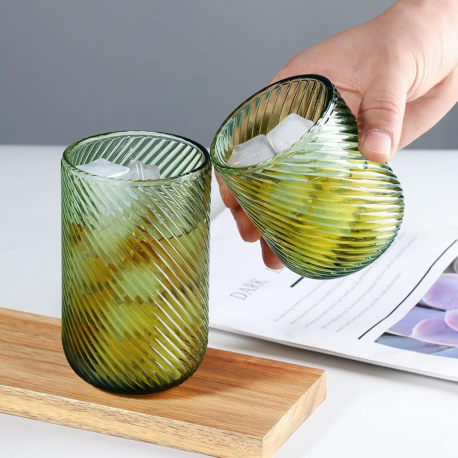 Set of 16 vintage Glassware,8 Highball Glasses 14oz & 8 Rocks Drinking Glasses 9oz, Green, fluted ribbed & leaning ribbed