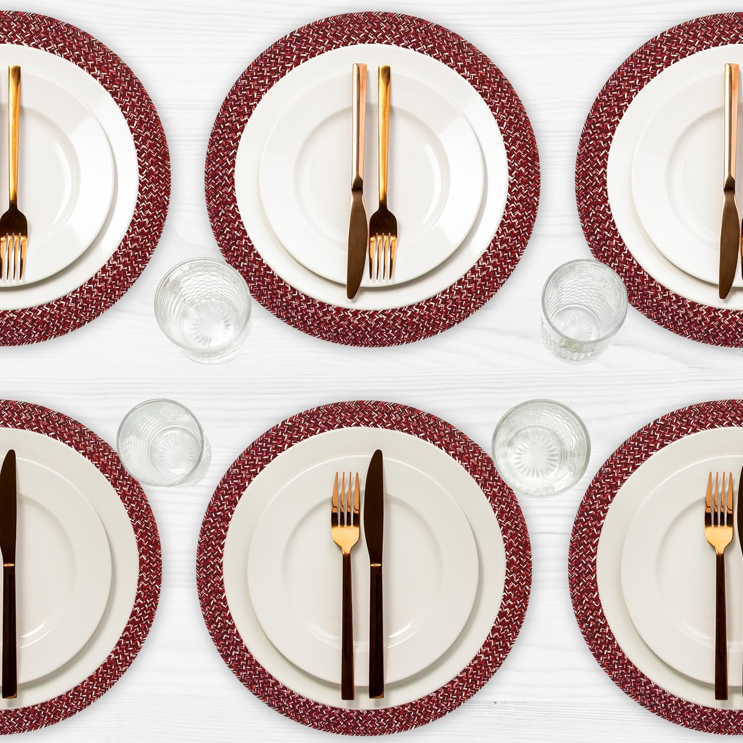 Marled Twist Set of 8 Placemats, 15" Round Cotton, Red, Heat Resistant, Durable Table Mats for Dining Table, Kitchen, Party, Holiday, Washable, Everyday Use