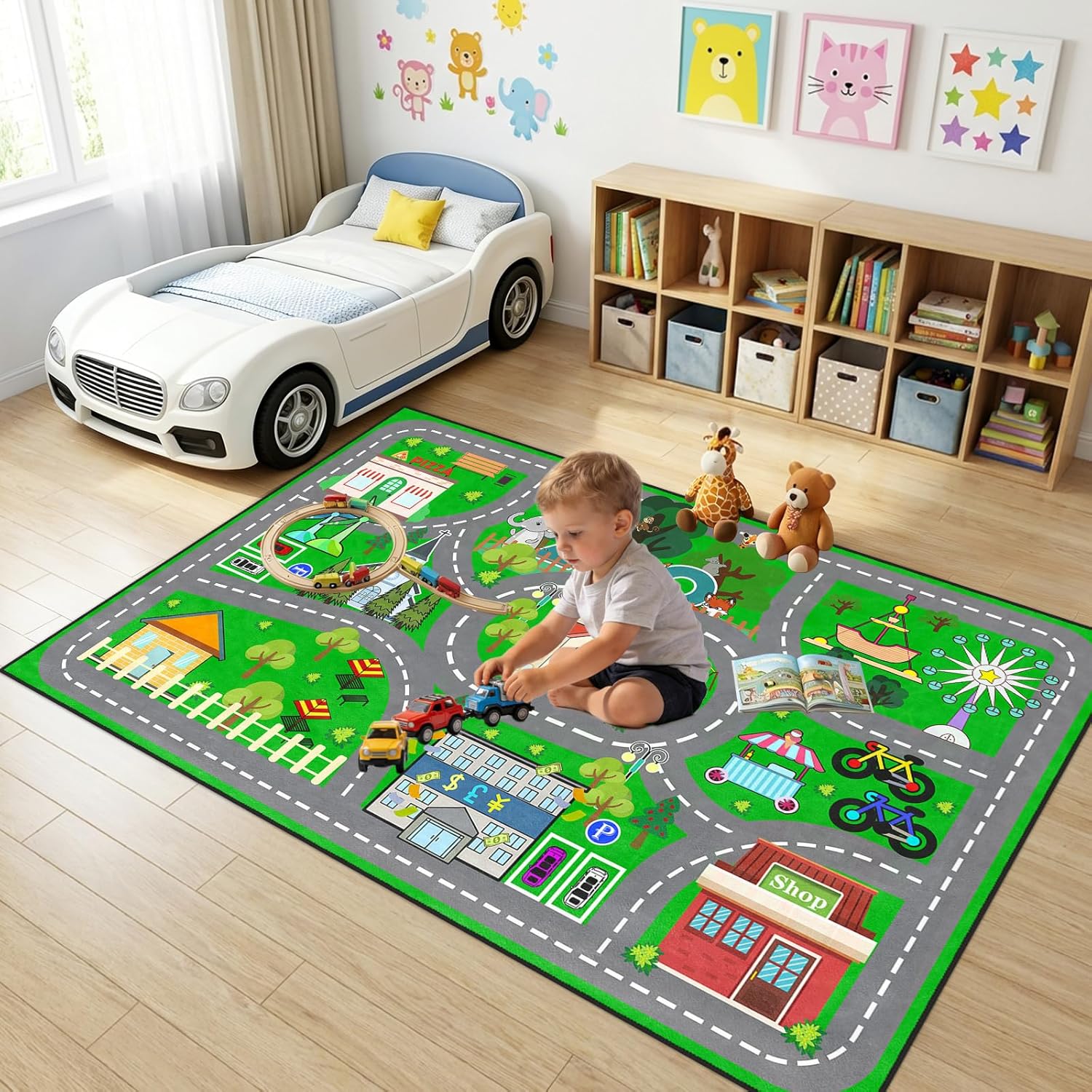 Kids Car Rug Play Mat 100×150cm (39×59 Inch), City Road Play Rug for Toddlers, Washable Non-Slip Car Track Playmat for Playroom, Bedroom, Nursery, Educational Floor Rugs for Kids, 3x5 Feet