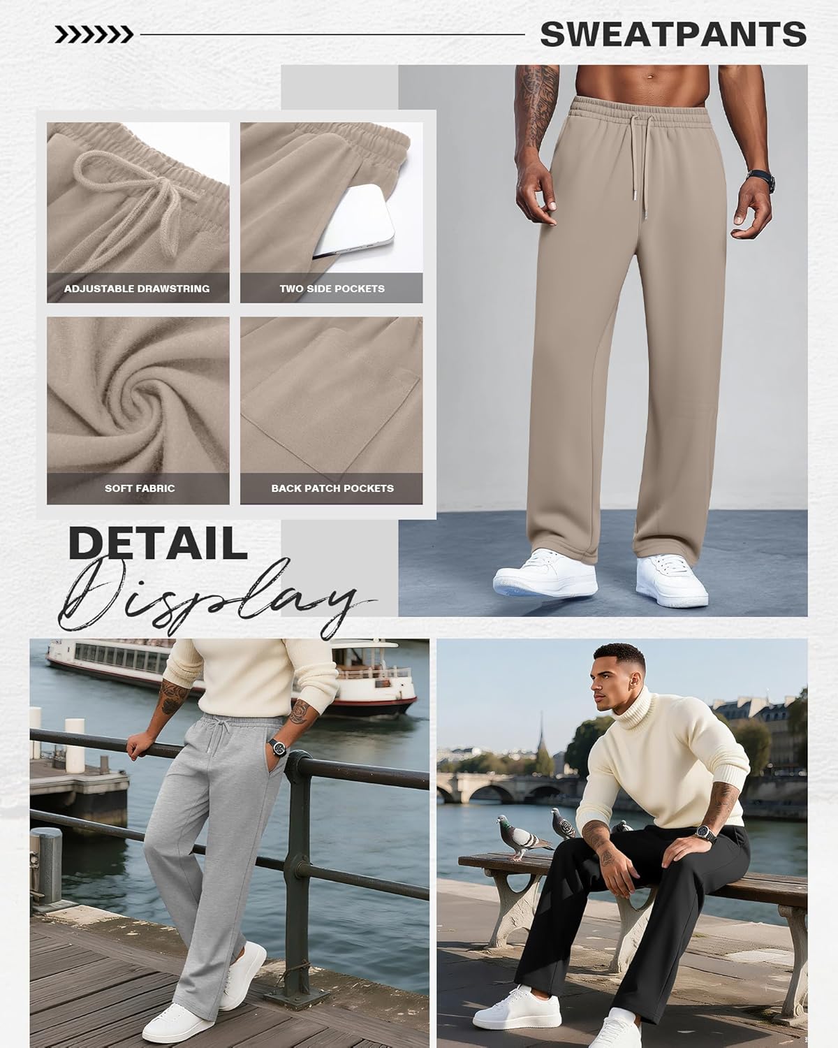 Neer 3 Pack Men's Lounge Pants Lightweight Open Bottom Baggy Sweatpants Casual Drawstring Joggers with 3 Pockets for Leisure - Image 4