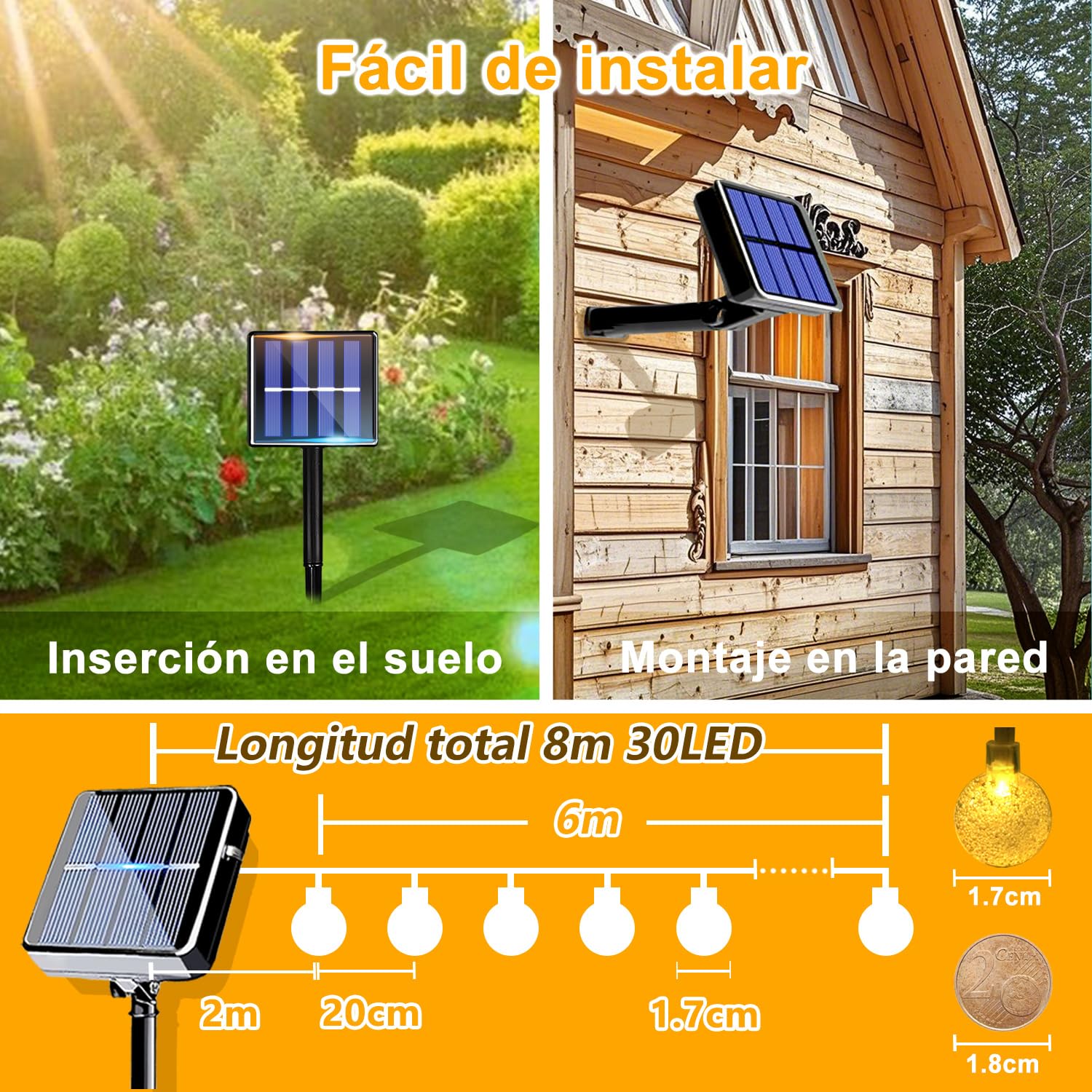 taiyongkang Guirnaldas Luces Exterior Solar, 30 LED 8 m con Bolas de Cristal, 8 Modos, IP65, Cadena de luces solares para Jardín, Balcón, Terraza, Fiestas y Bodas, Navidad (Blanco Cálido)
