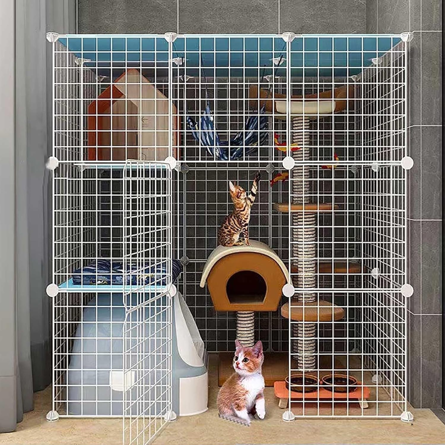 Large Indoor Cat Cage with Detachable Metal DIY Playpen, Multi-Tier Exercise Kennel for Cats & Small Pets, Black (147x147x145cm)(110x75x109cm)