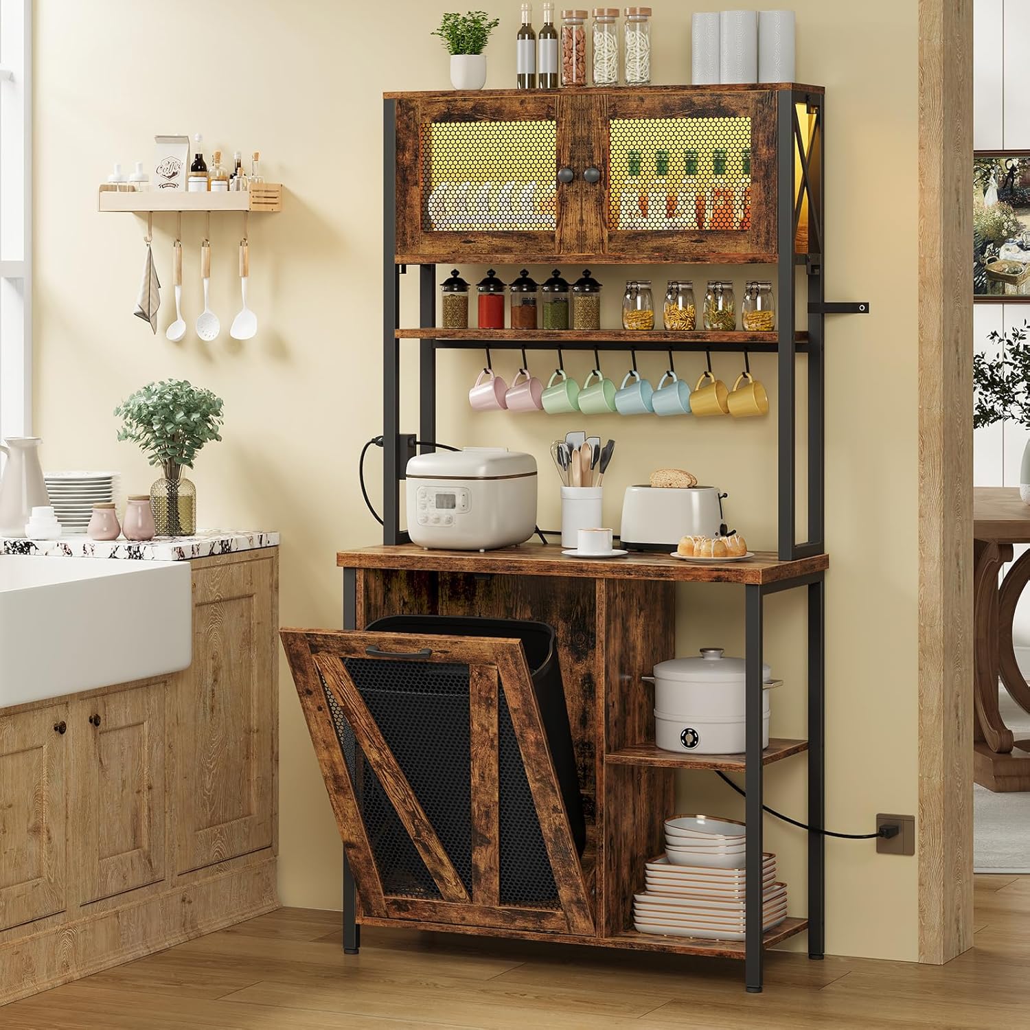 HOOBRO Bakers Rack with Trash Can Bin Cabinet, 6-Tier Microwave Stand with LED Stripe, Kitchen Storage Shelf with Outlet, Tall Coffee Bar Station for Dining Room, Rustic Brown and Black BF24UDHB01