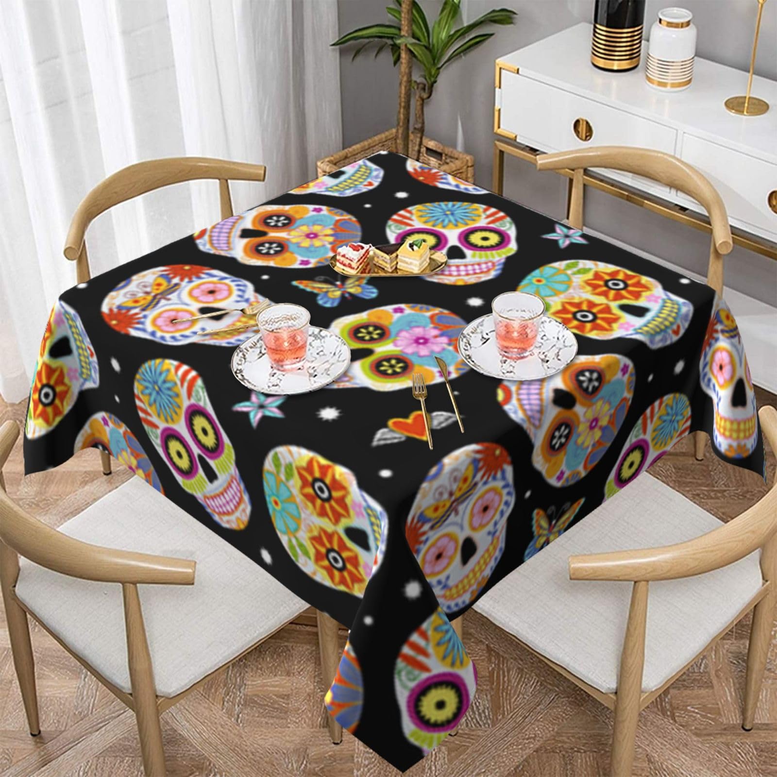 DCEHGEW sugar skulls butterfly Prints Square Tablecloth 152x152 CM, Waterproof Fabric Table Cloth for Dining Table, Farmhouse Table Cover for Kitchen Dining Tabletop Decoration