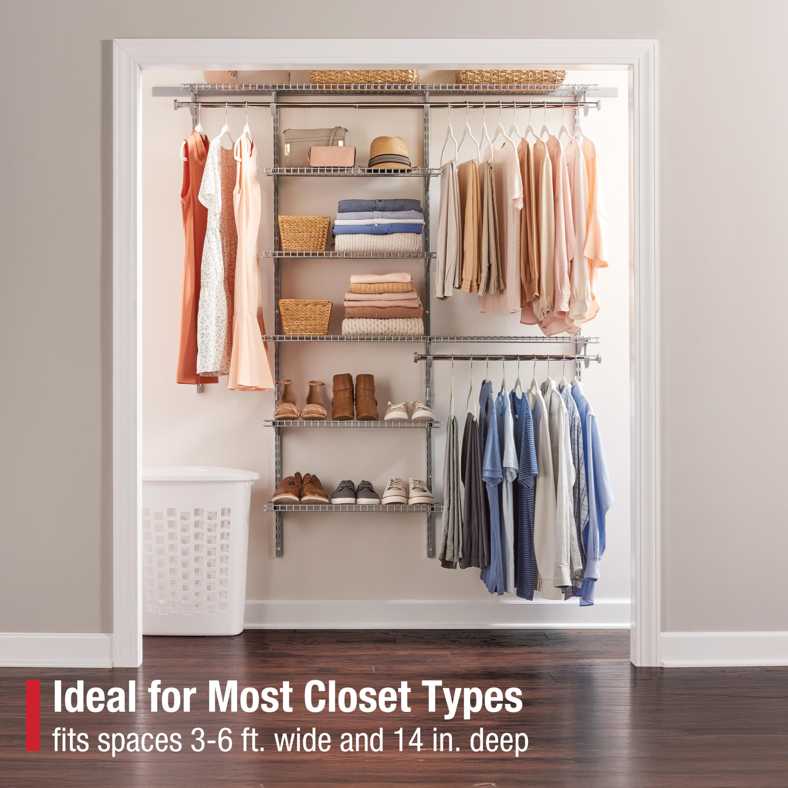 Rubbermaid Configurations Deluxe Custom Closet Kit 3-6 Ft. Adjustable Metal Wire Shelving Titanium Finish Expandable Organization System Hardware Included for Home ClosetPantryLaundryMudroom product thumbnail 3