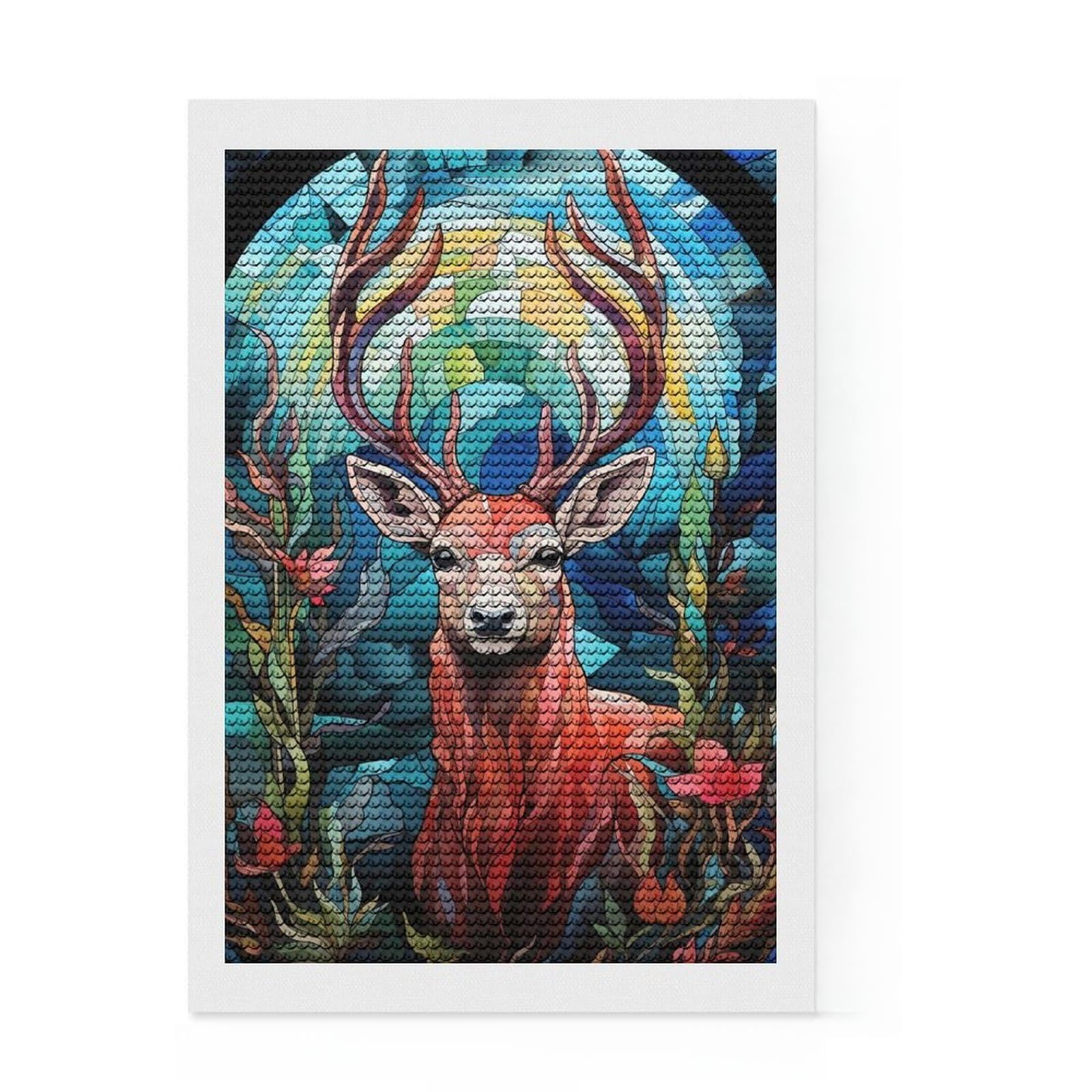 Junmoney Stained Glass Deer Portrait Diamond Art Kit 8"x12", Easy to Follow Symbols, Mindful Craft Activity, Bedroom Decor, Christmas Gift